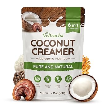 Veltracha Mushroom Coffee Creamer, Superfood Coconut Creamer Powder with 6 Adaptogenic Mushrooms - Reishi, Turkey Tail, Lions Mane, Non-Dairy Coffee Powdered Creamer for Energy & Focus & Digestion, 30 Servings Large, Coconut