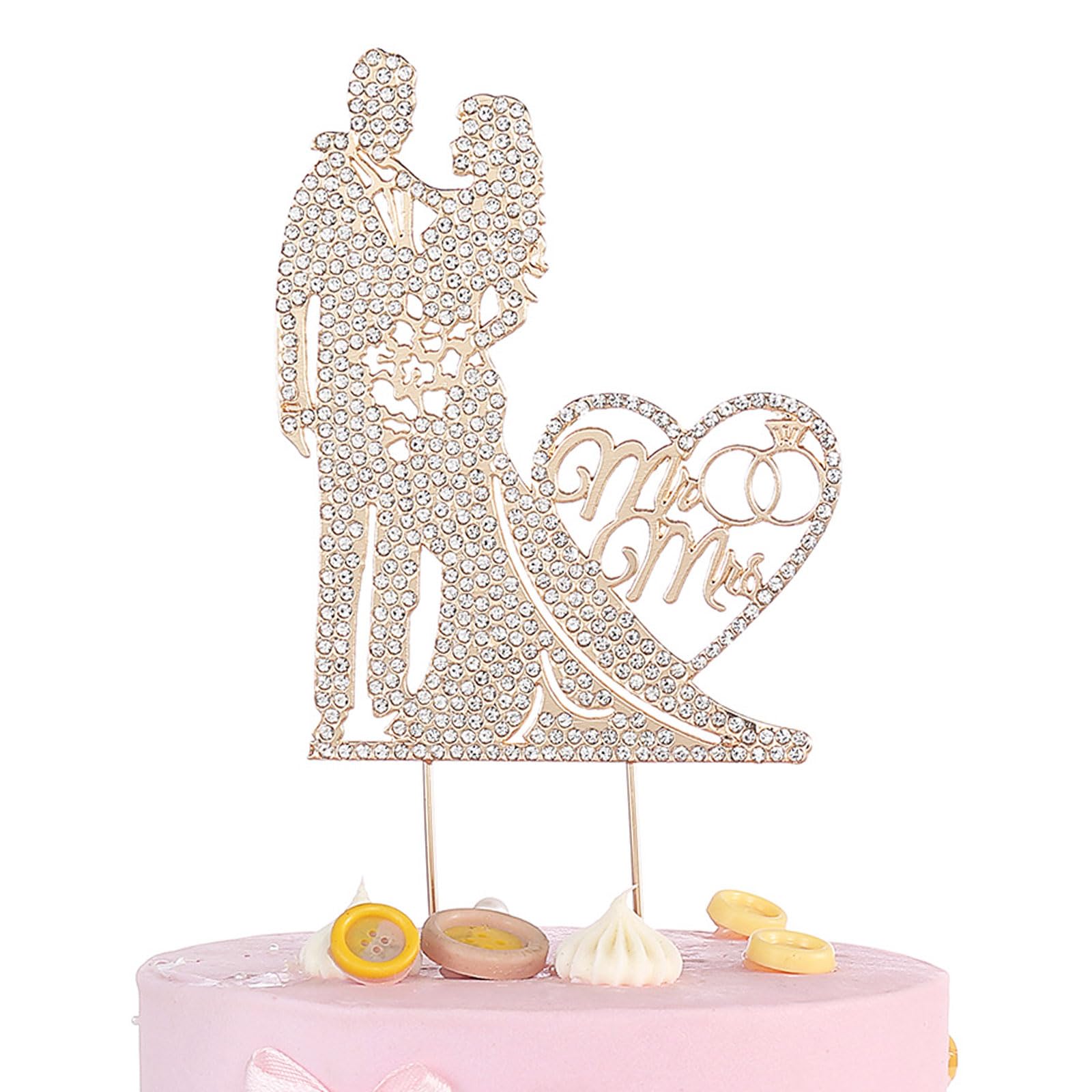 GVSS Gold Wedding Cake Figurine 23.5 x 10 cm, Metallic Wedding Topper and Groom, Wedding Cake Decoration with Rhinestones