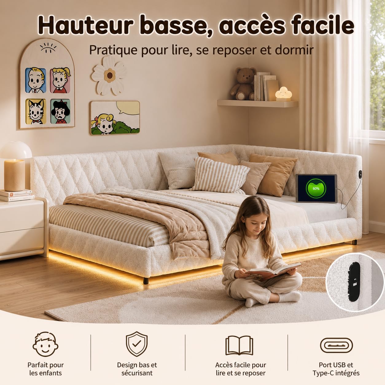 Kinderbett Polsterbett 140x200,Einzelbett Multifunktionsbett mit LED-Beleuchtung und USB-Aufladung,Jugendbett 140x200 mit Led,Bettgestell mit Lattenrost,Ohne Matratze,Teddy Velvet