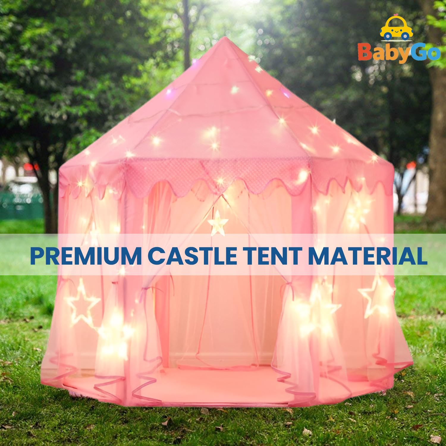 BabyGo Giraffe Rocker & Princess Castle Tent Combo | Plush Ride-On Rocking Horse (Yellow) | Play Tent House with Mosquito Net & Lights (Pink) | Fun Indoor Outdoor Play Set for Toddlers, Boys & Girls 4