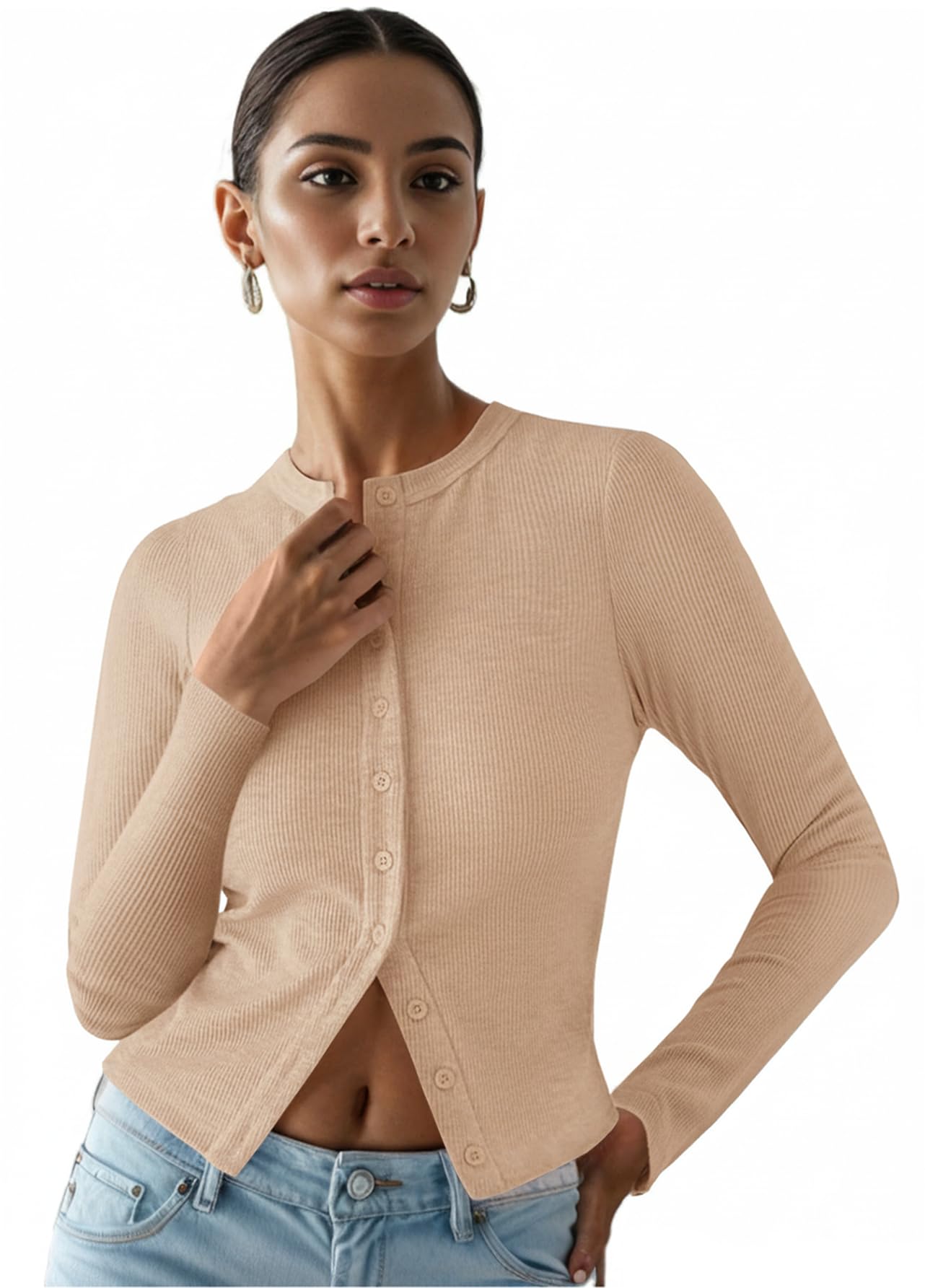 Ribbed Button Down Cardigan for Women Long Sleeve Button Up Fall Knit Going Out Cropped Tops