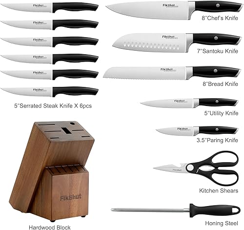 Miniatura 6 de Knife Set 14-Piece Ultra-Sharp Full Tang Chef Knives with Block and Sharpener, High-Carbon Steel Black Handle for Kitchens, BBQs and Feasts,