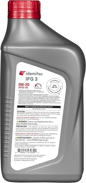 Idemitsu IFG3 0W-20 SP/GF-6A Full Synthetic Motor Oil 1 Quart | Engineered for Maximum Fuel Efficiency and Engine Protection