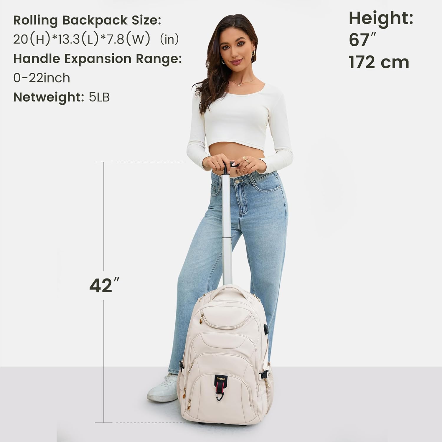 Boavan Rolling Backpack for Women, 17.3 Inch Wheeled Laptop Backpack,Large Travel Carry-On Bag for Teachers College Students, USB Charging Port Waterproof Business for Airplane Overnight Luggage，Beige - Image 4