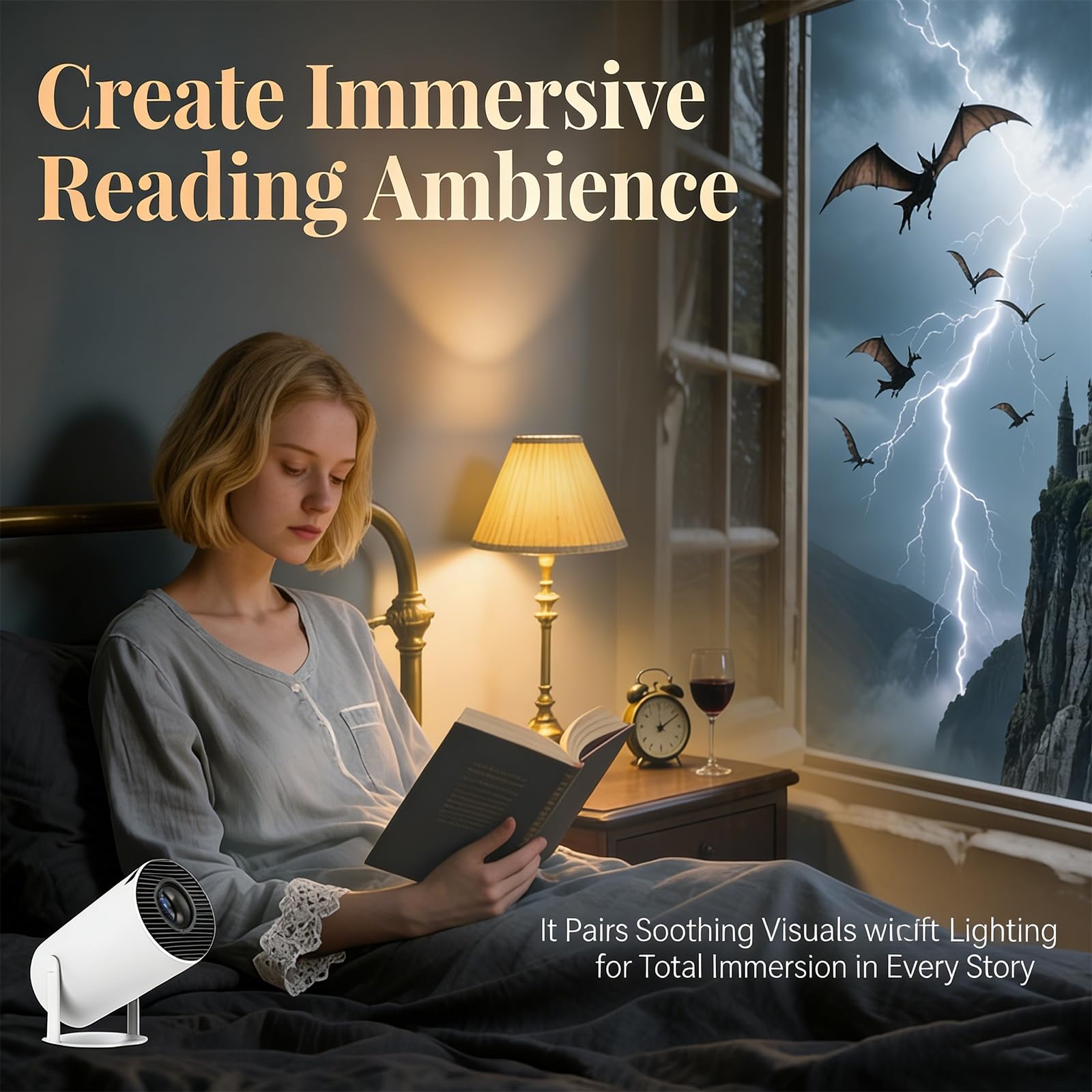 Proiettore Smart Book 4K per lettura, correzione trapezoidale automatica, rotazione a 180°, proiettore finto per un'esperienza immersiva in camera da letto, atmosfera di lettura accogliente