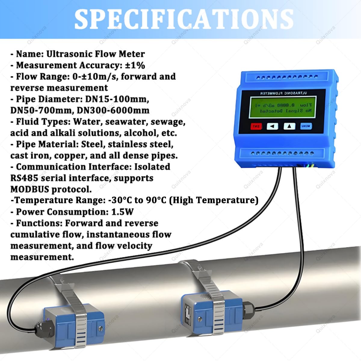 Nicht-invasiver digitaler Wasserdurchflussmesser mit Temperaturbereich -30 ~ 90 °C, kompatibel mit Rohrgrößen DN15 bis 6000 mm