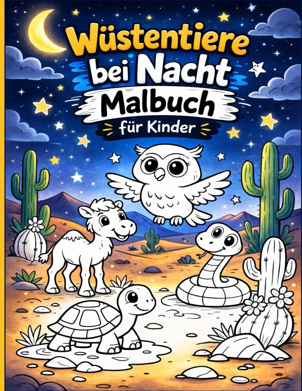Wüstentiere bei Nacht Malbuch für Kinder: Einfache Ausmalbilder mit Mond, Sternen & niedlichen Wüsten-Tieren