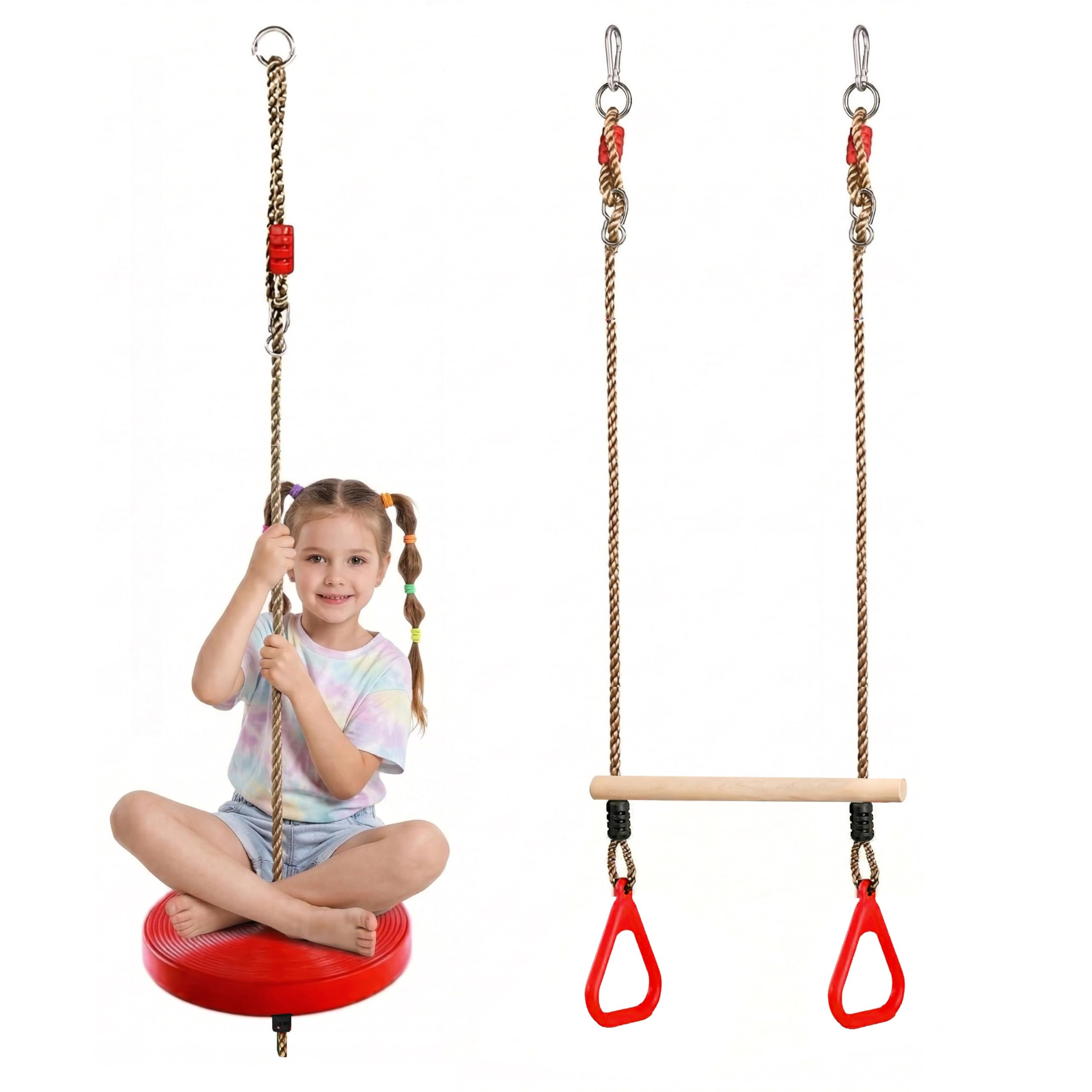 The Magic Toy Shop Trapeze Bar & Round Button Swing Seat Set with Adjustable Ropes - 2-in-1 Weather Resistant Garden Climbing Frame Accessories & Red Outdoor Play Equipment for Kids, Ages 3+