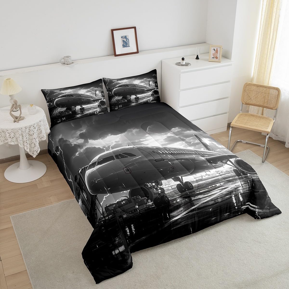 Manfei Airplane Comforter Set King Size 3 Pcs,Aviation Plane Aircraft Modern Bedding Set,3D Print Lightning Sky Print Quilt Set for Adults Bedroom,Dark Gray Duvet Insert,2 Pillowcases