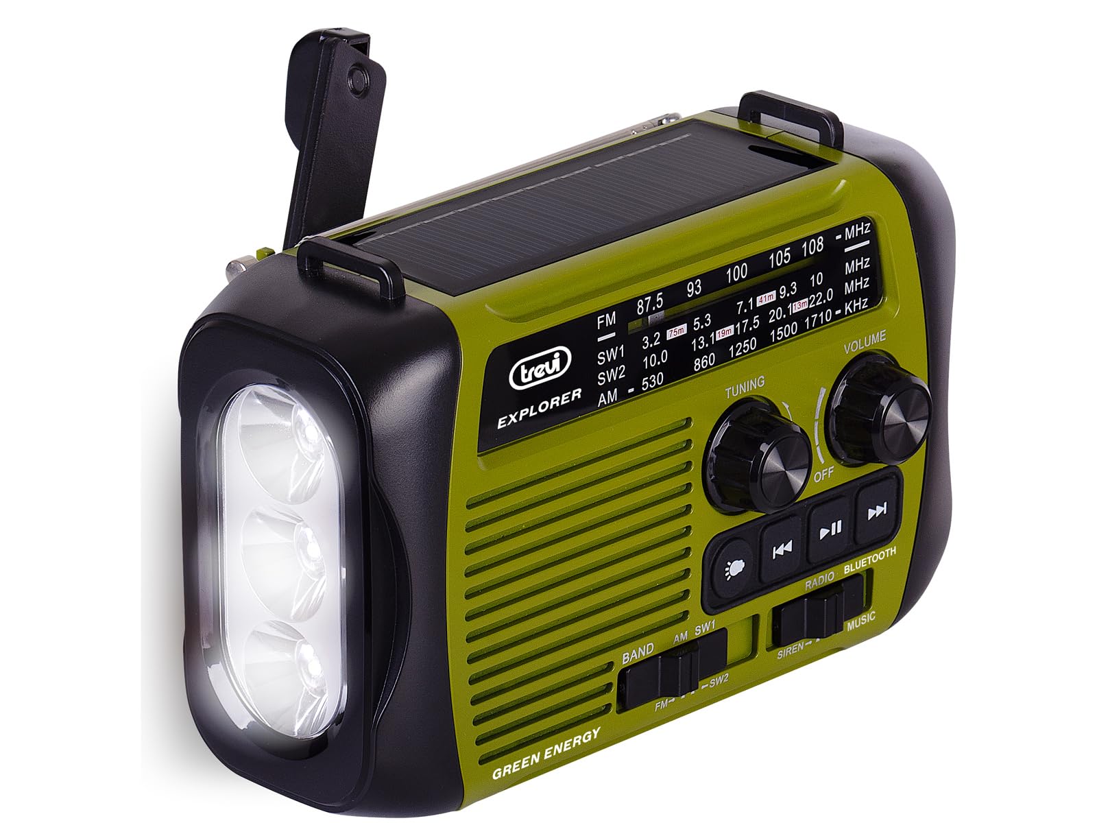Trevi RA 7F30 BT Radio portátil multibanda FM/Am/SW con Reproductor MP3 inalámbrico, función Power Bank y Linterna LED, Carga Solar, con Dinamo o USB-C, Ideal para emergencias, Camping, Viajes, Verde