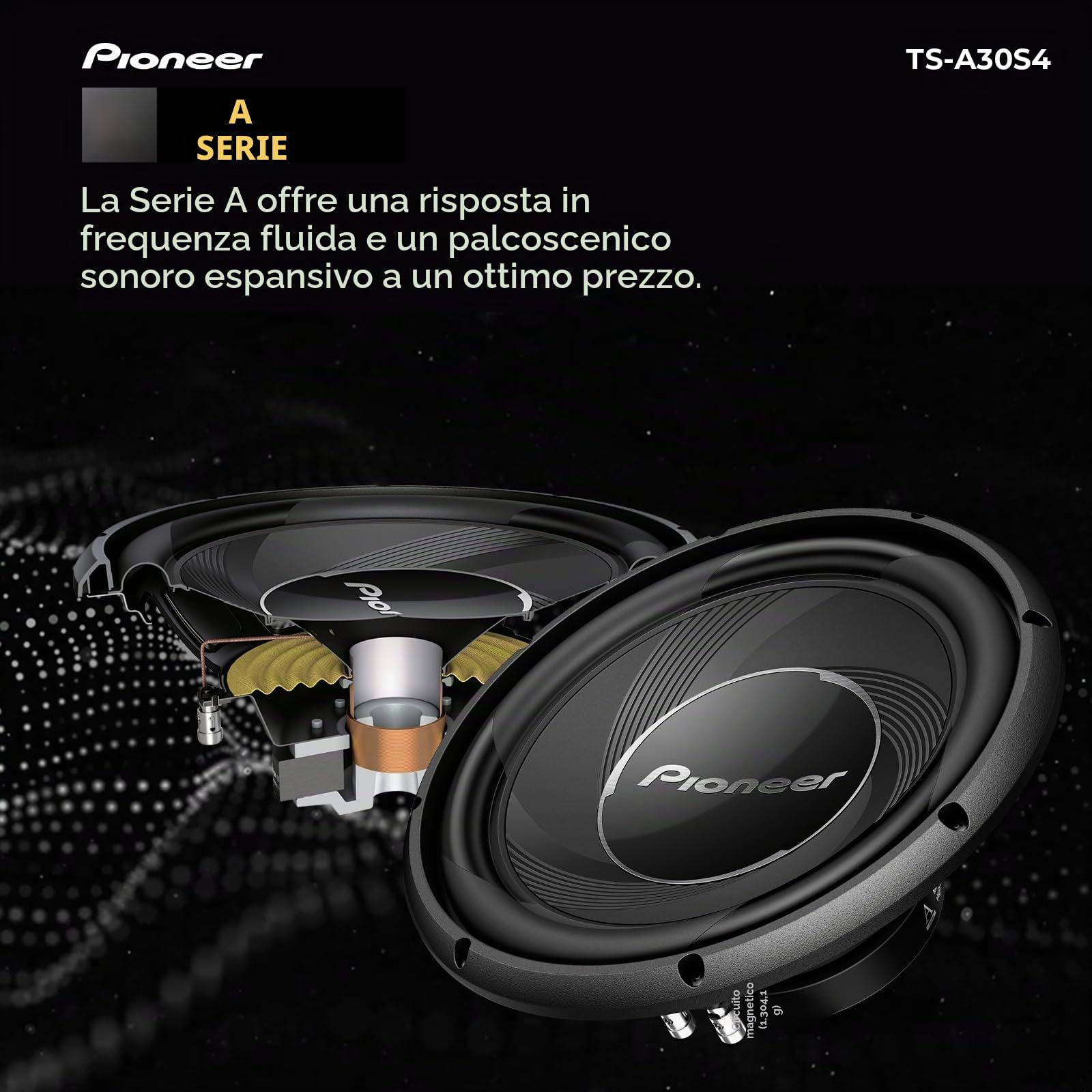 PIONEER Subwoofer TS-A30S4 (1.400 W), membrana IMPP da 30 cm/12", per un suono potente, potenza in uscita continua 400 W, nero