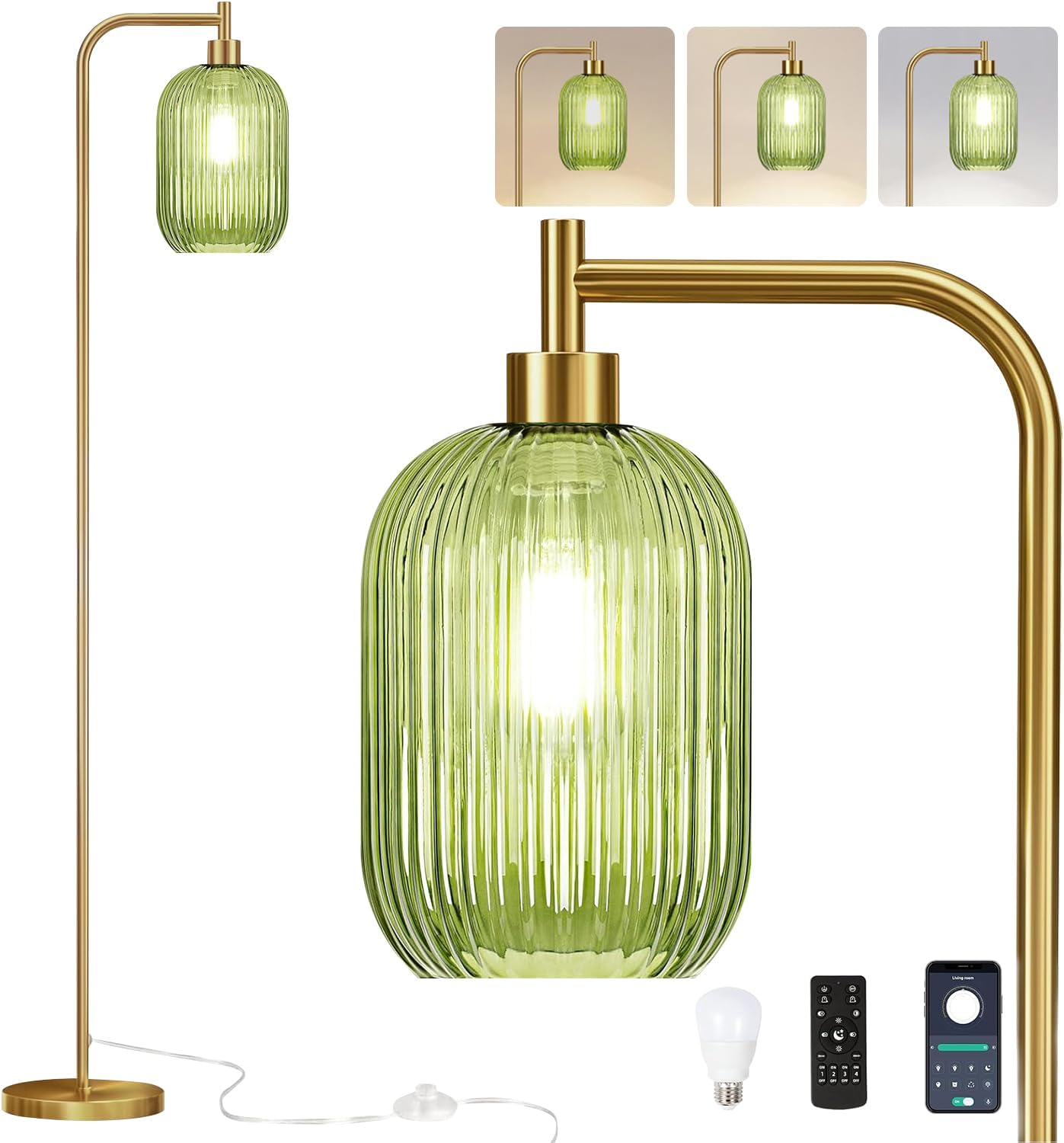 Floor Lamp for Living Room,Bedroom,Gold Dimmable Standing Lamp with Remote,Mid Century Modern Brass Tall Lamp Retro Vintage Green Glass Lamp Floor Light Boho Bohemian