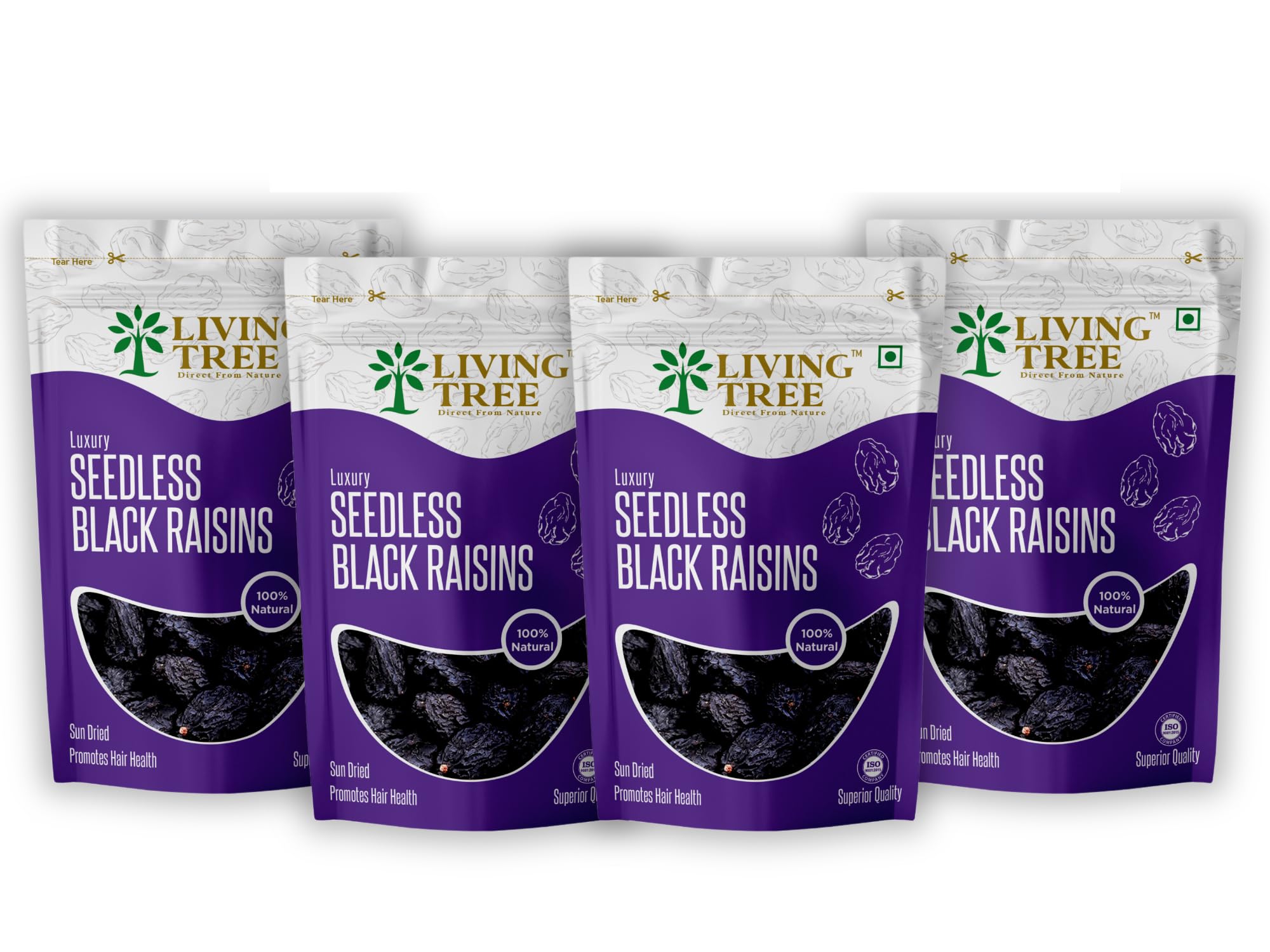Living Tree Luxury Seedless Black Fresh Raisins, 250G (Pack Of 4), 1 Kilograms