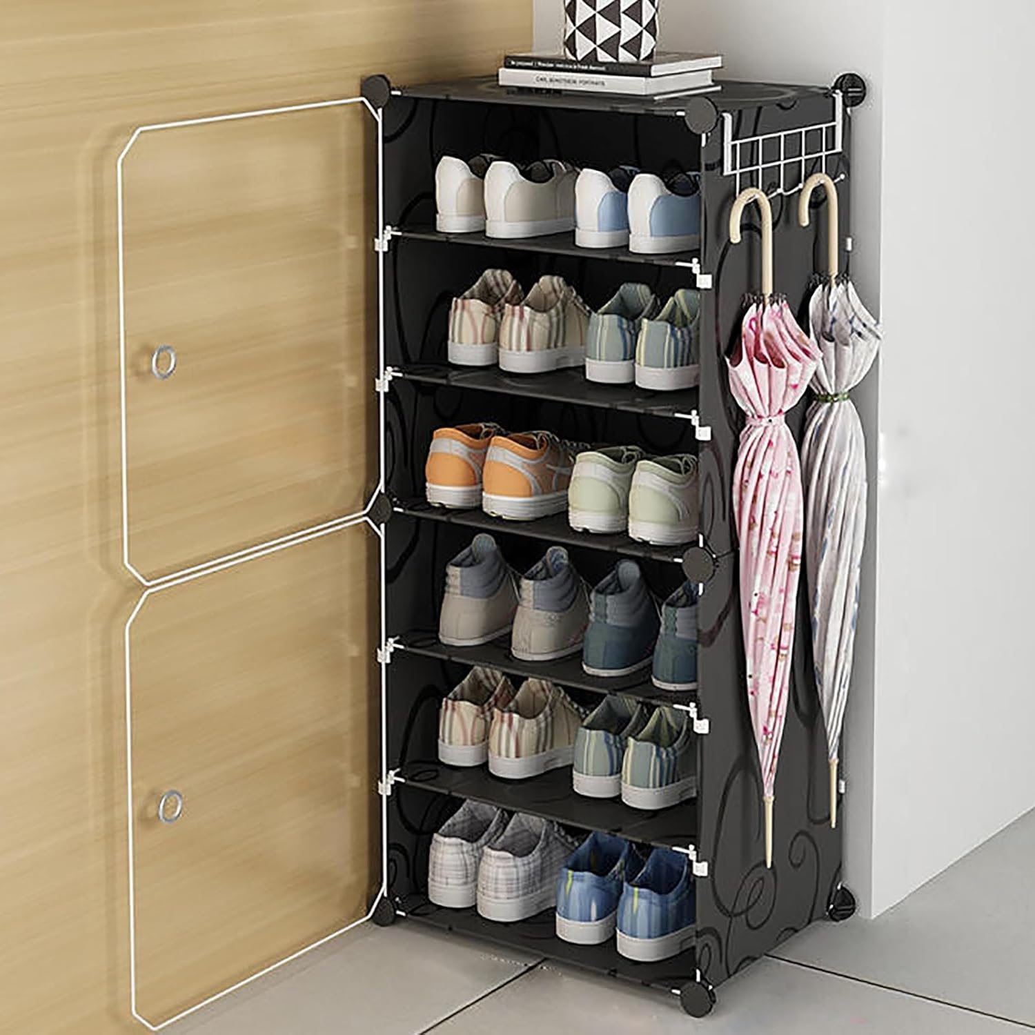 Plastic Shoe Organizer for Closet Shoe Rack with Door - Tall Free Standing Shoe Racks Space Saving, Removable Partition - Entryway Shoe Rack