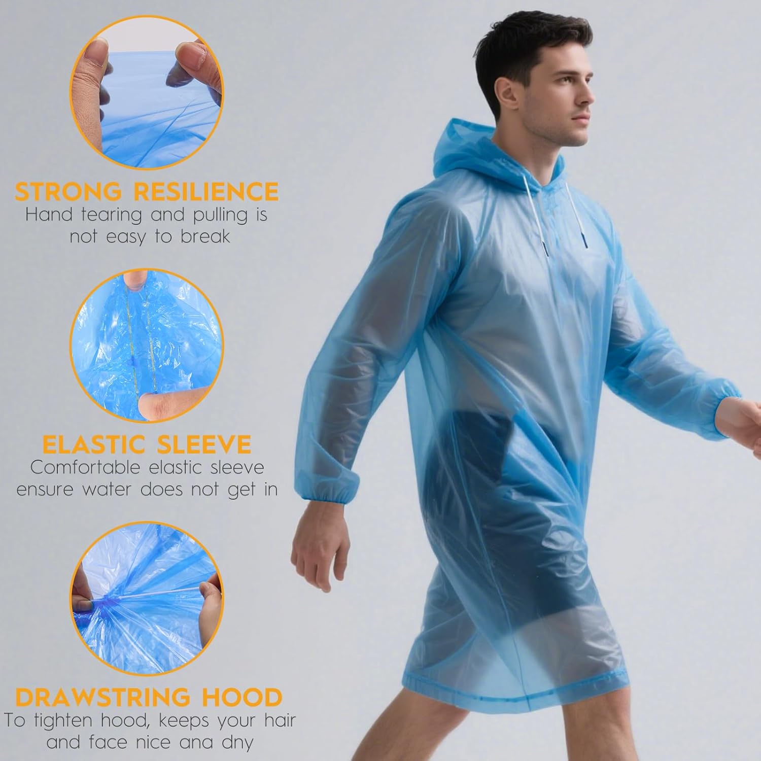 6 & 20 & 50 Pack Disposable Rain Ponchos for Adults/Youth, Waterproof PE Raincoats with Drawstring, Camping/Emergency - Image 3
