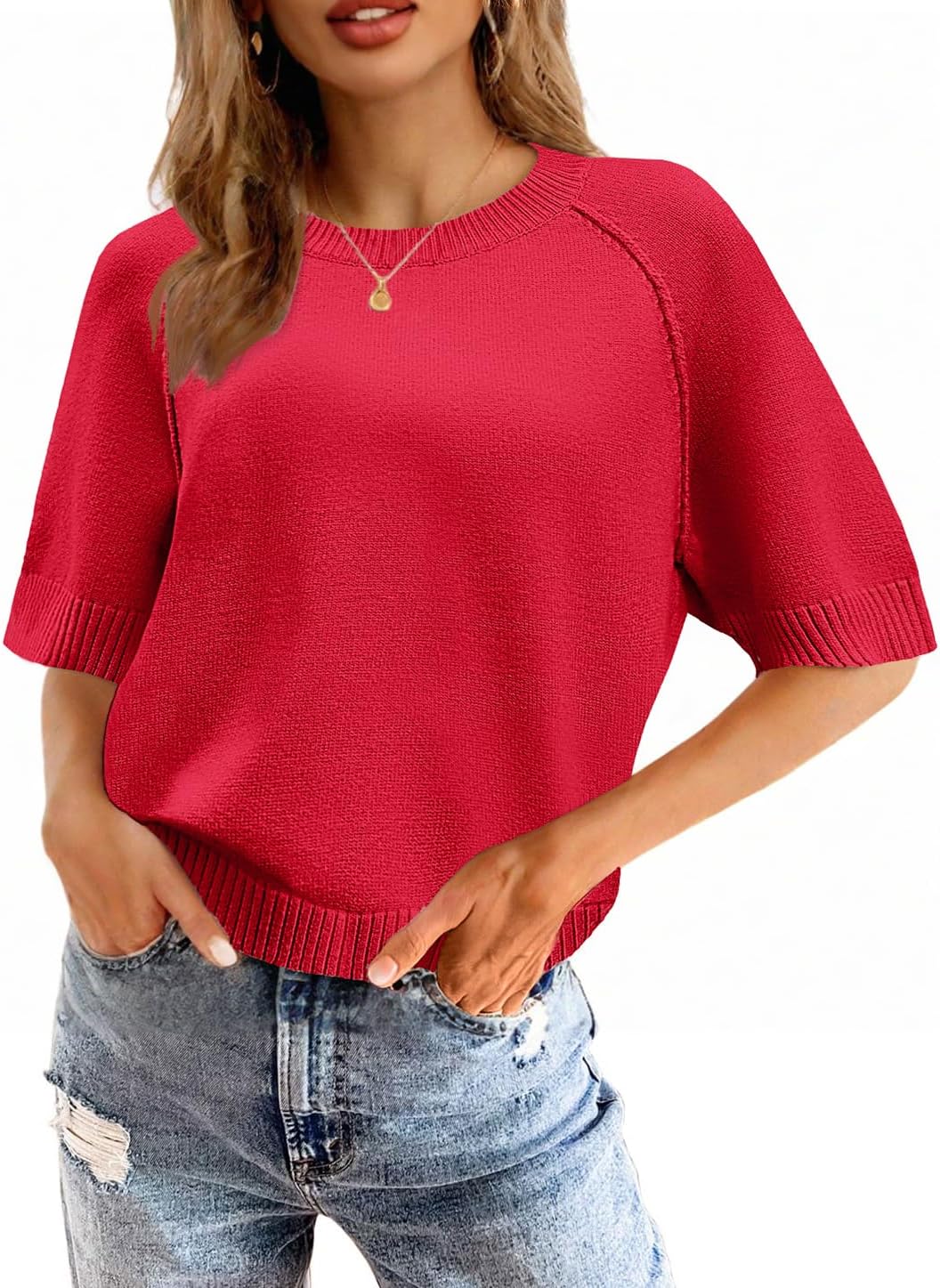 ZDC Women’s Puff Short Sleeve Sweaters 2025 Fall Lightweight Loose Fit Knit Pullover Tops