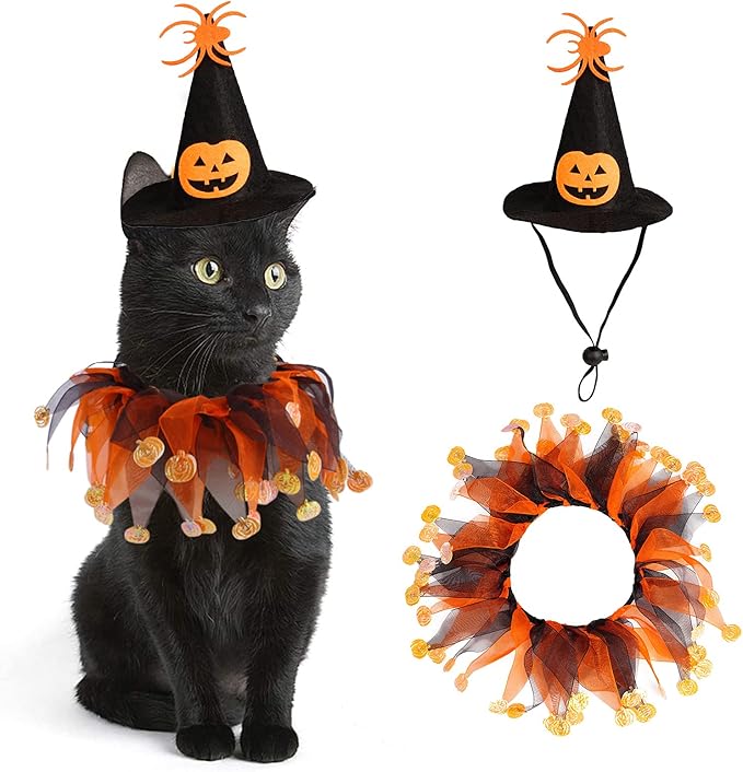 Cat Witch Halloween Costume Suit, Hmxpls Small Dogs & Cats Tutu Collar and Witch Pumpkin Hat