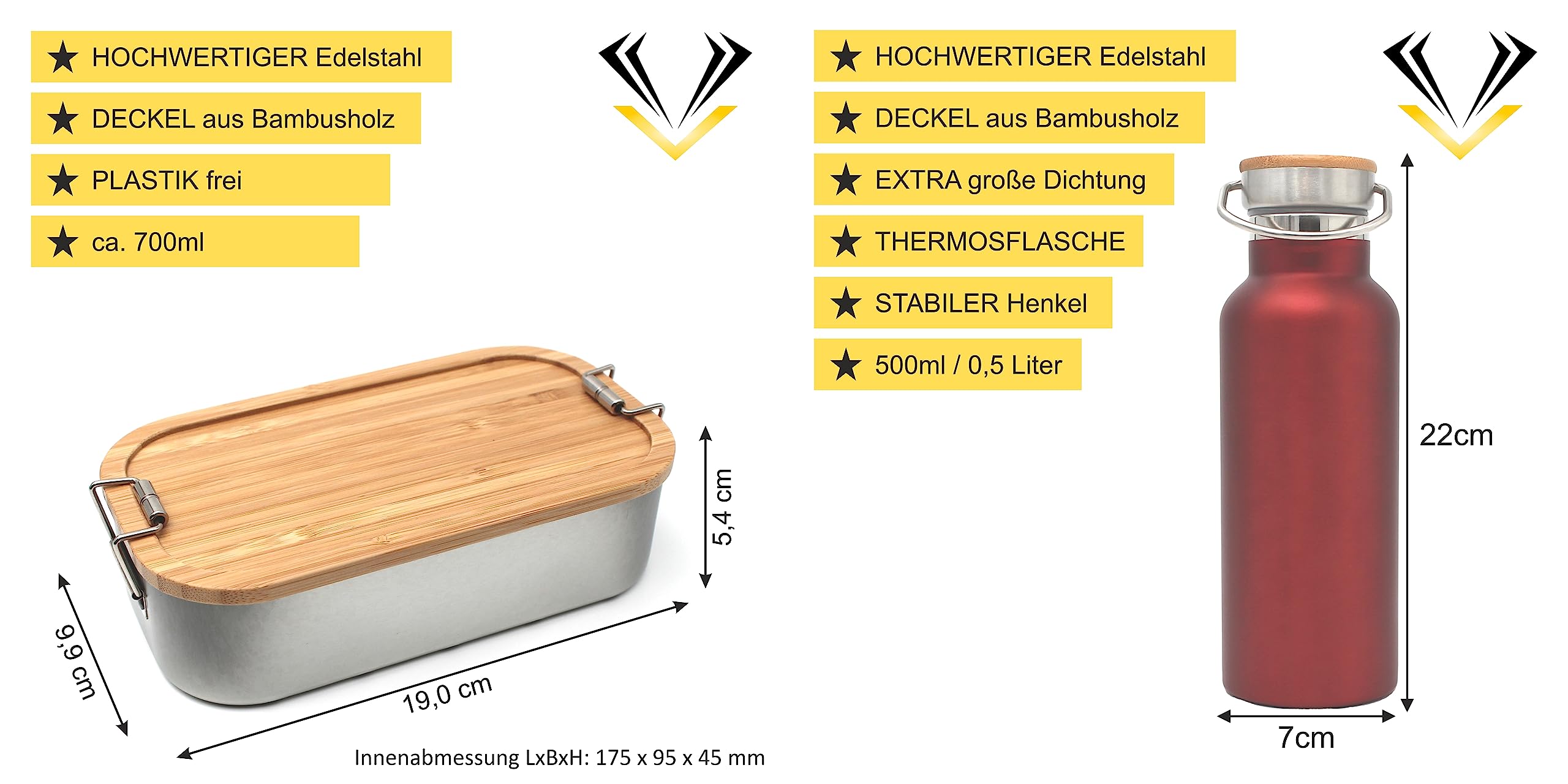 Brotdose 700ml mit Fächern und Trinkflasche 500ml aus Edelstahl mit Namen personalisiert, Lunchbox und Isolierflasche für Kinder und Erwachsene Brotzeitbox (Flasche ROT, Kleine Lunchbox 700ml)