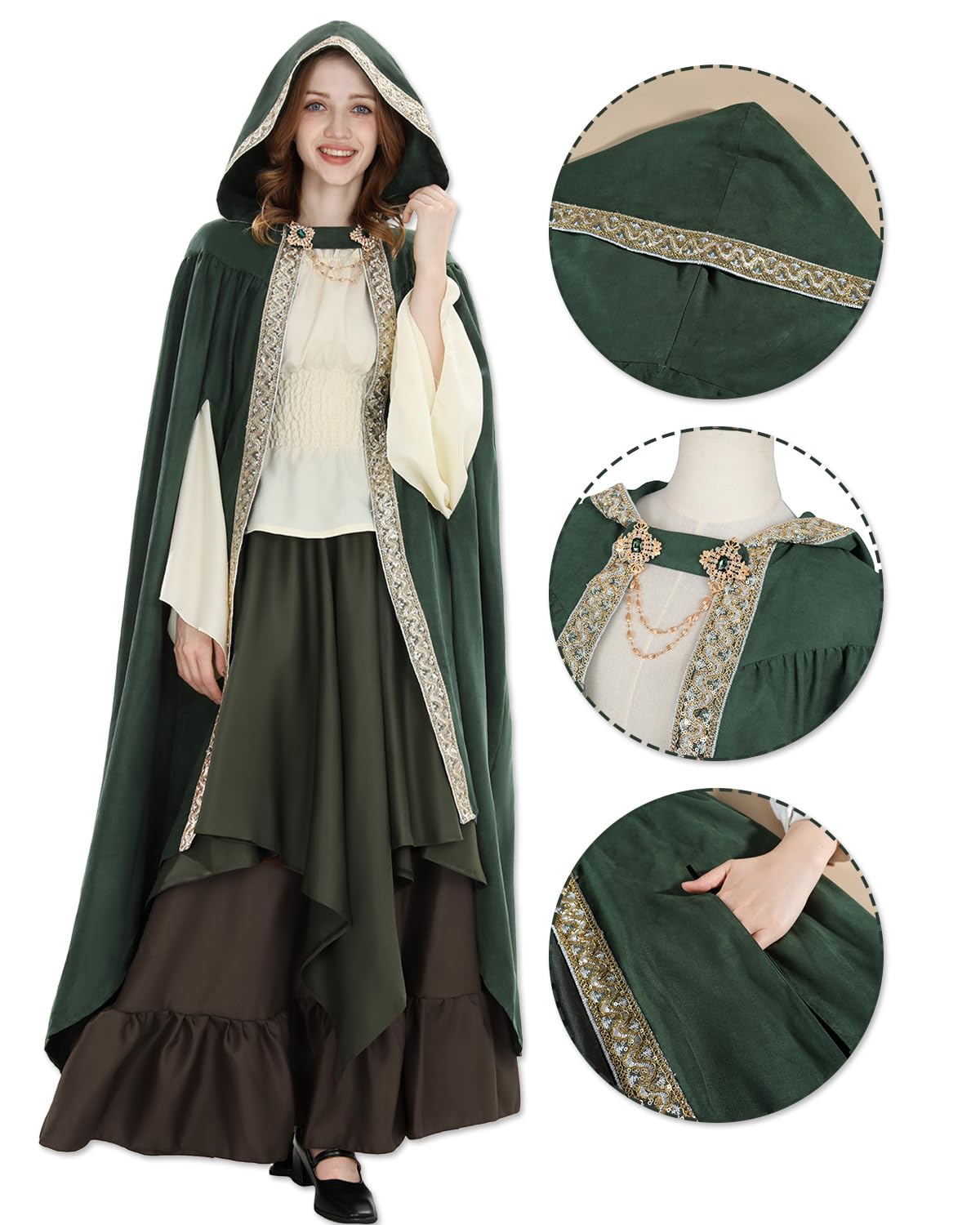 Fiamll Cape médiévale pour femme - Manteau à capuche avec manchette - Couleur unie - Trench - Renaissance - Cape de vampire - Costume d'Halloween