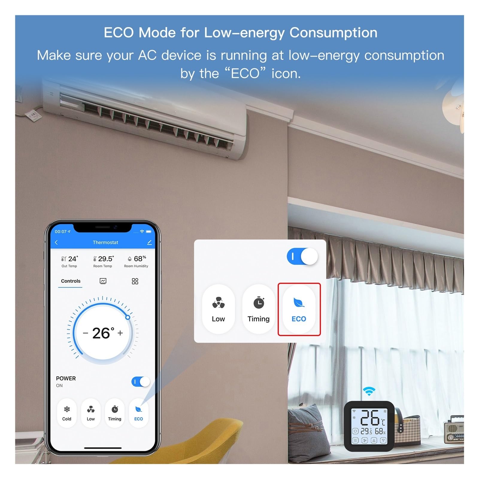 Inteligentny termostat, Tuya Inteligentny sterownik klimatyzatora, termostat z wyświetlaczem LCD Kontrola aplikacji Czujnik temperatury i wilgotności Monitor