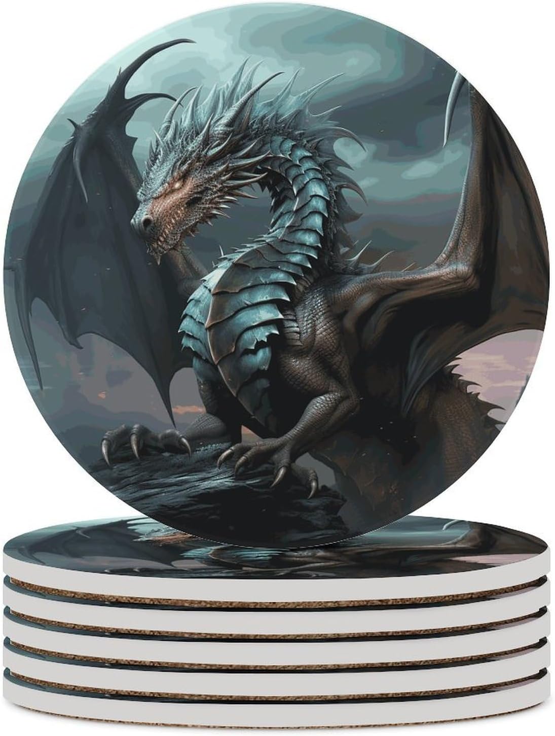 6PCS Cool Dragon Coasters Non-Slip Round Drink Coasters with Ceramic Stone and Cork Base, Heat Resistant Absorbent 33.00Stone Coaster Set for Kinds of Mugs and Cups, 4 Inch