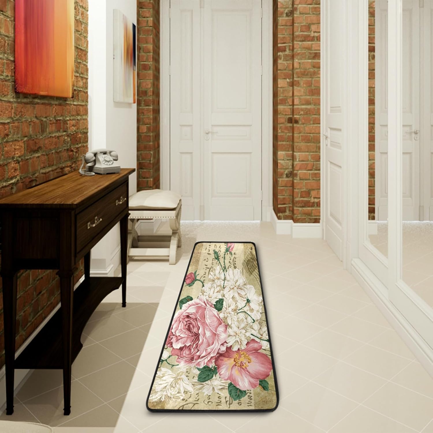 ALAZA Vintage Shabby Chic Pink Rose Floral Runner Rug Non Slip Hallway Entry Carpet Kitchen Rug for Home Dining Living Room Bedroom 72" X 24",Machine Washable