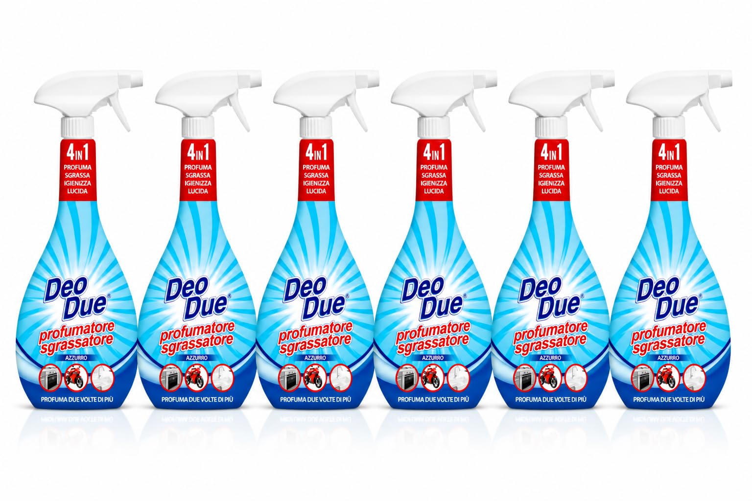 Profumatore Sgrassatore Spray 4 in 1 Azzurro - 6 Unita da 600ml – Profuma, Sgrassa, Igienizza e Lucida, Detergente Multiuso per Cucina, Bagno e Superfici, Profumo Intenso e Duraturo