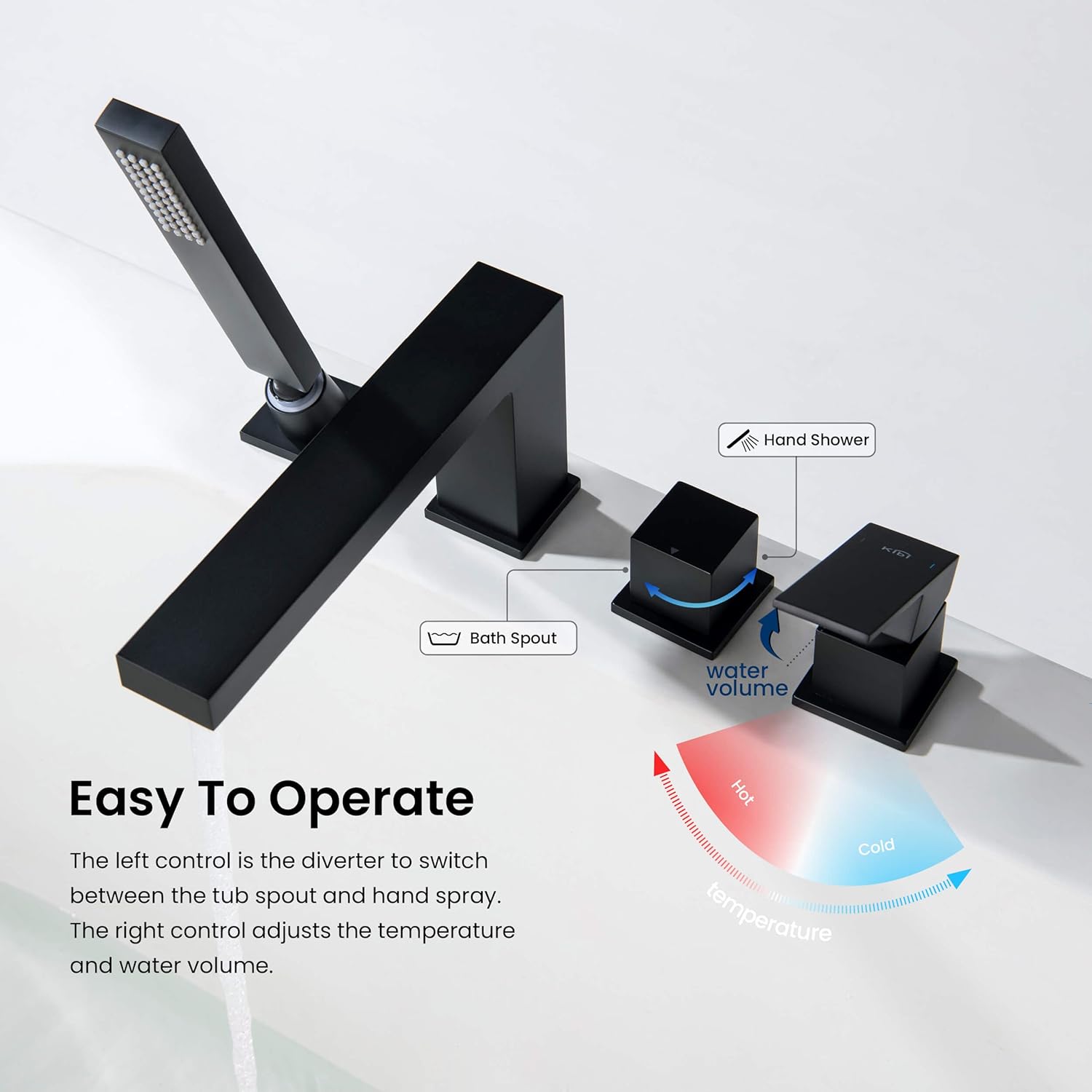KIBI Cube Roman Single Handle Tub Faucet with Hand Shower | Deck Mount Bathtub Filler Set in Matte Black | Solid Brass Body Bathtub Faucet with Easy Diverter, Pull-Out Spray & 60" Hose (KTF3102MB)