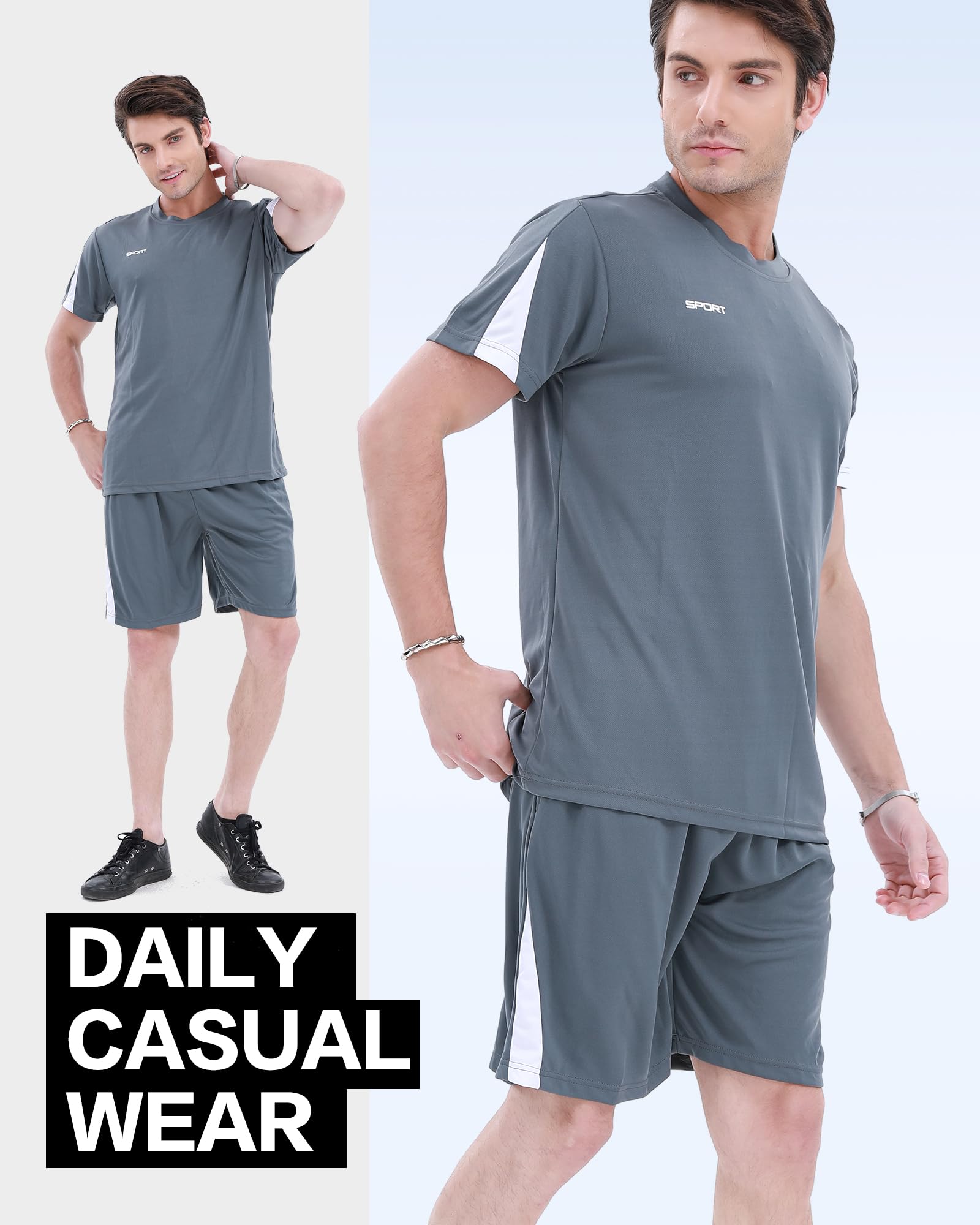 BOOMCOOL Ropa de gimnasio para hombre, camisas de entrenamiento para hombre, conjuntos de 6 piezas de camisas y pantalones cortos