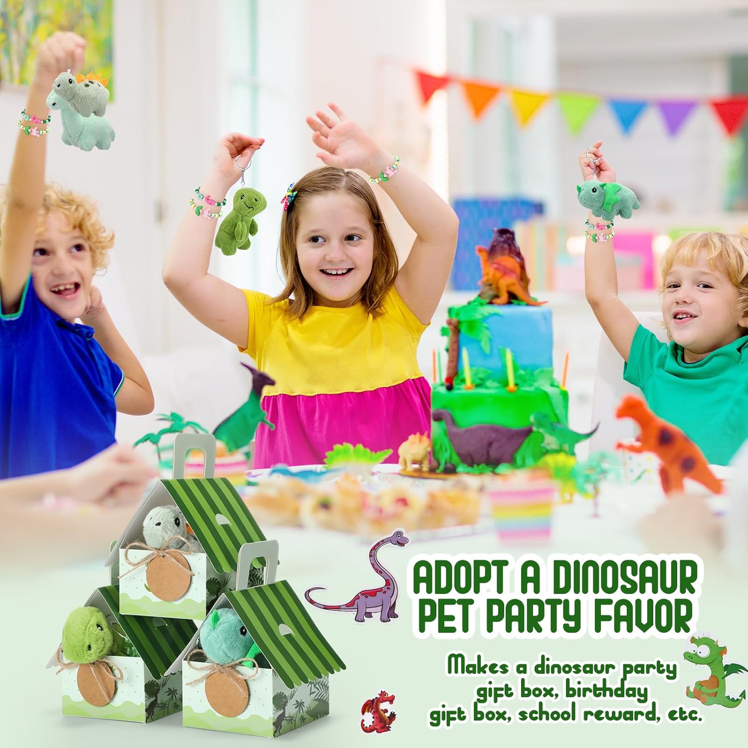 Remuuly 88 Pcs 12 Sets Dinosaur Party Favor Mini Dinosaur Stuffed Animals Bulk Plush Keychains Bracelet Gift Box Sticker for Adopt an Animals Favors Birthday Goodie Bag Supplies Fillers Stuffers