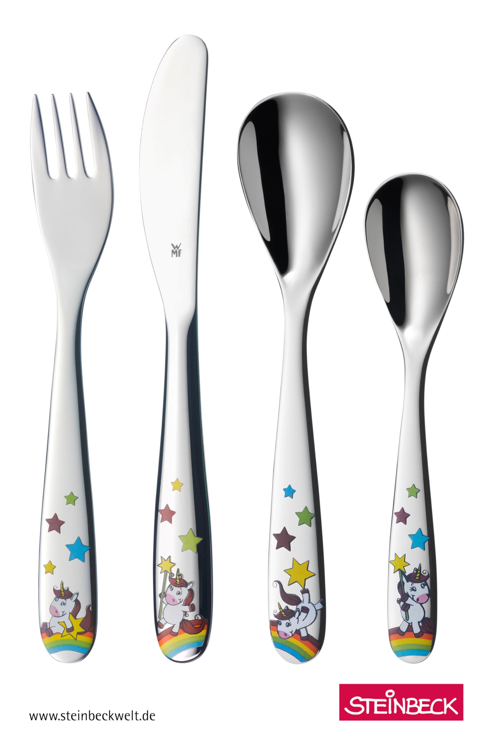 Posate per bambini WMF unicorno con incisione – set di posate da 4 pezzi in acciaio inox – regalo personalizzato per battesimo, nascita o per i più piccoli