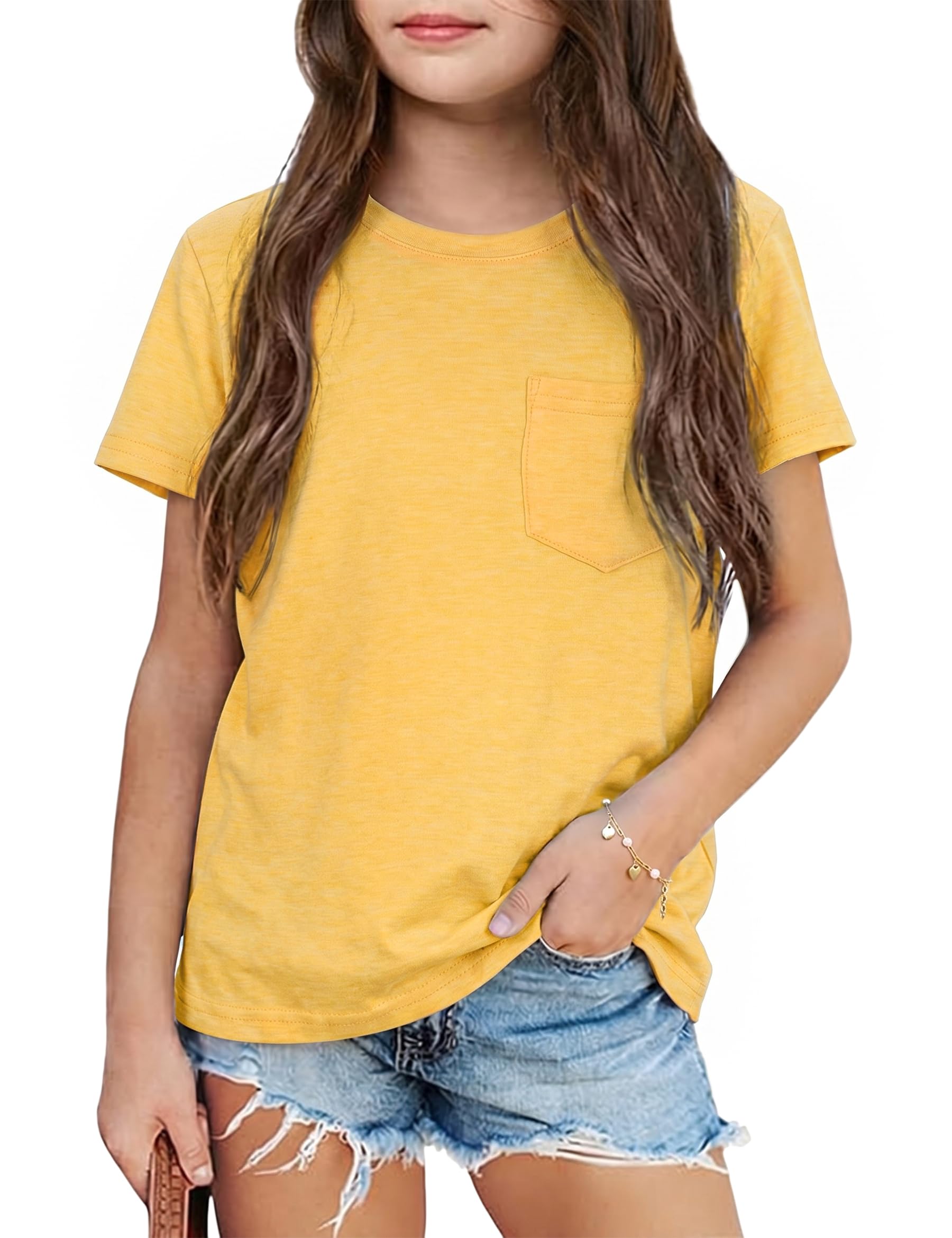 Leversic T-Shirt Mädchen Sommer Kurzarm Basic Tops Einfarbiges Rundhals Kinder Sport Mit Taschen Tshirt für Mädchen 6-15 Jahre