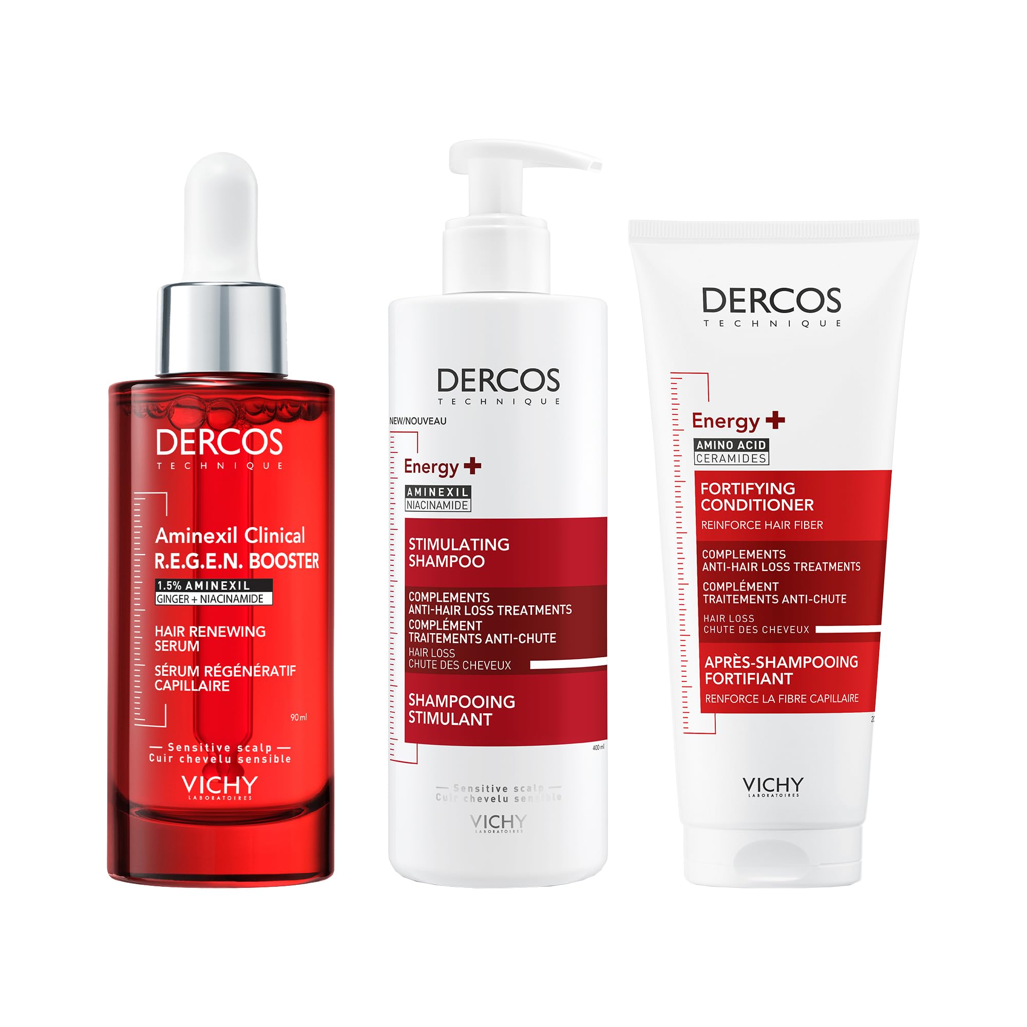 Vichy, Dercos, Routine Anti-Chute des Cheveux, Shampooing Stimulant 400ml, Sérum Régénératif R.E.G.E.N. Booster 90ml, Après-Shampooing Fortifiant 200ml, Enrichis en Aminexil, Lot de 3 produits