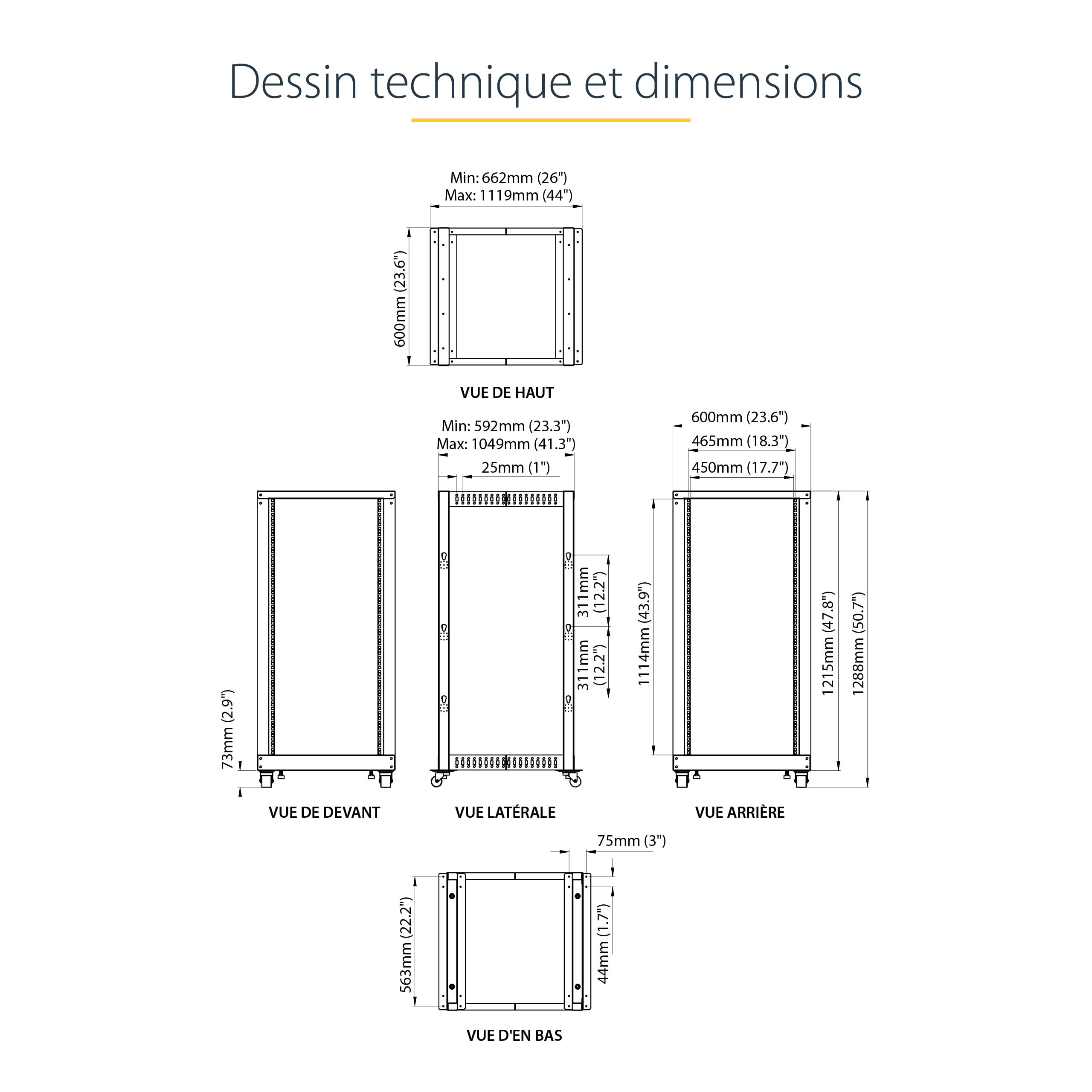StarTech Rack Serveur 25U 4 Montants, Rack Ouvert 19 pouces Profondeur 101 cm Capacité 544 kg