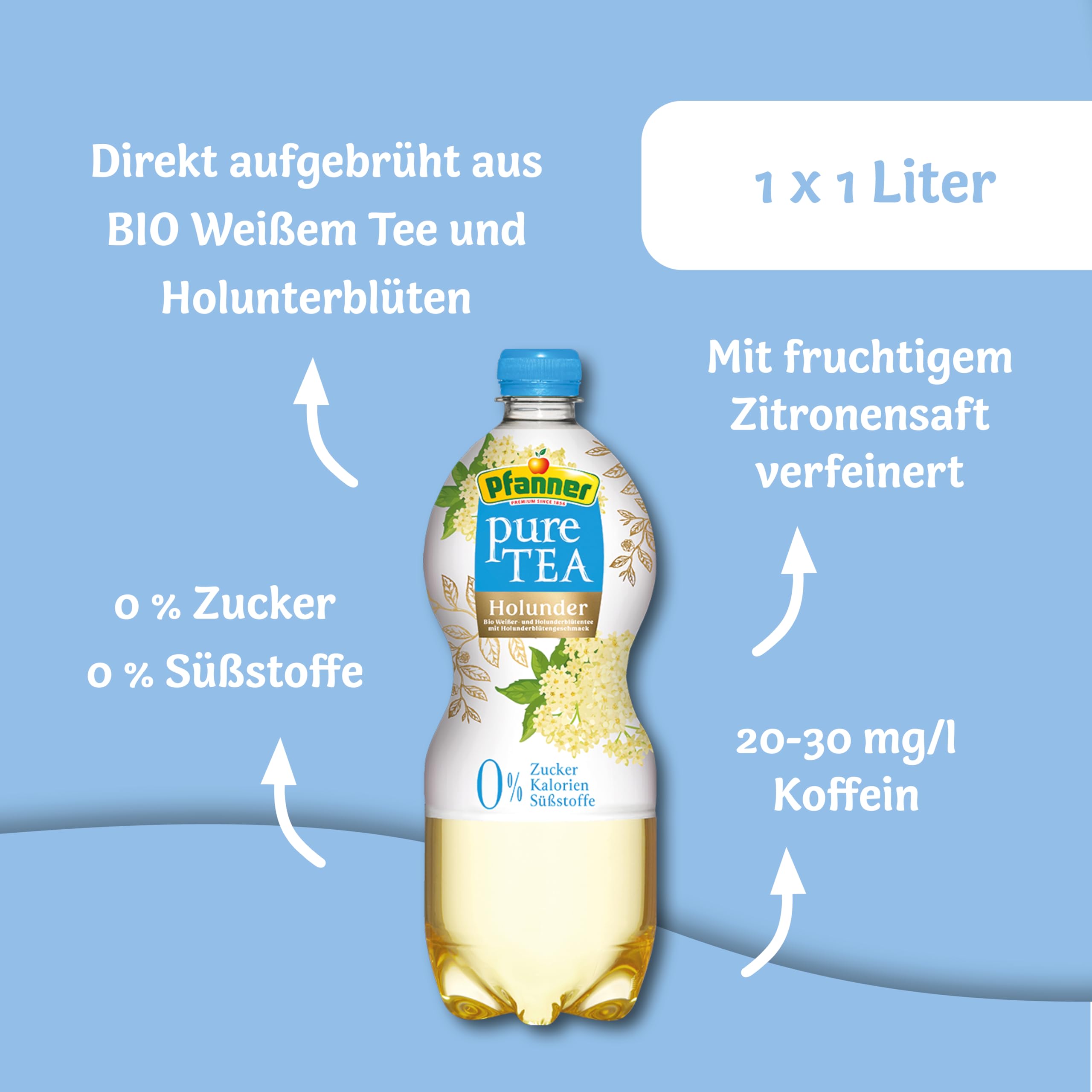 Pfanner Pure Tea Weißer Tee (1 x 1 l) – Eistee ohne Zucker und ohne Süßstoffe - Bio Tee mit Holunder und Zitronensaft