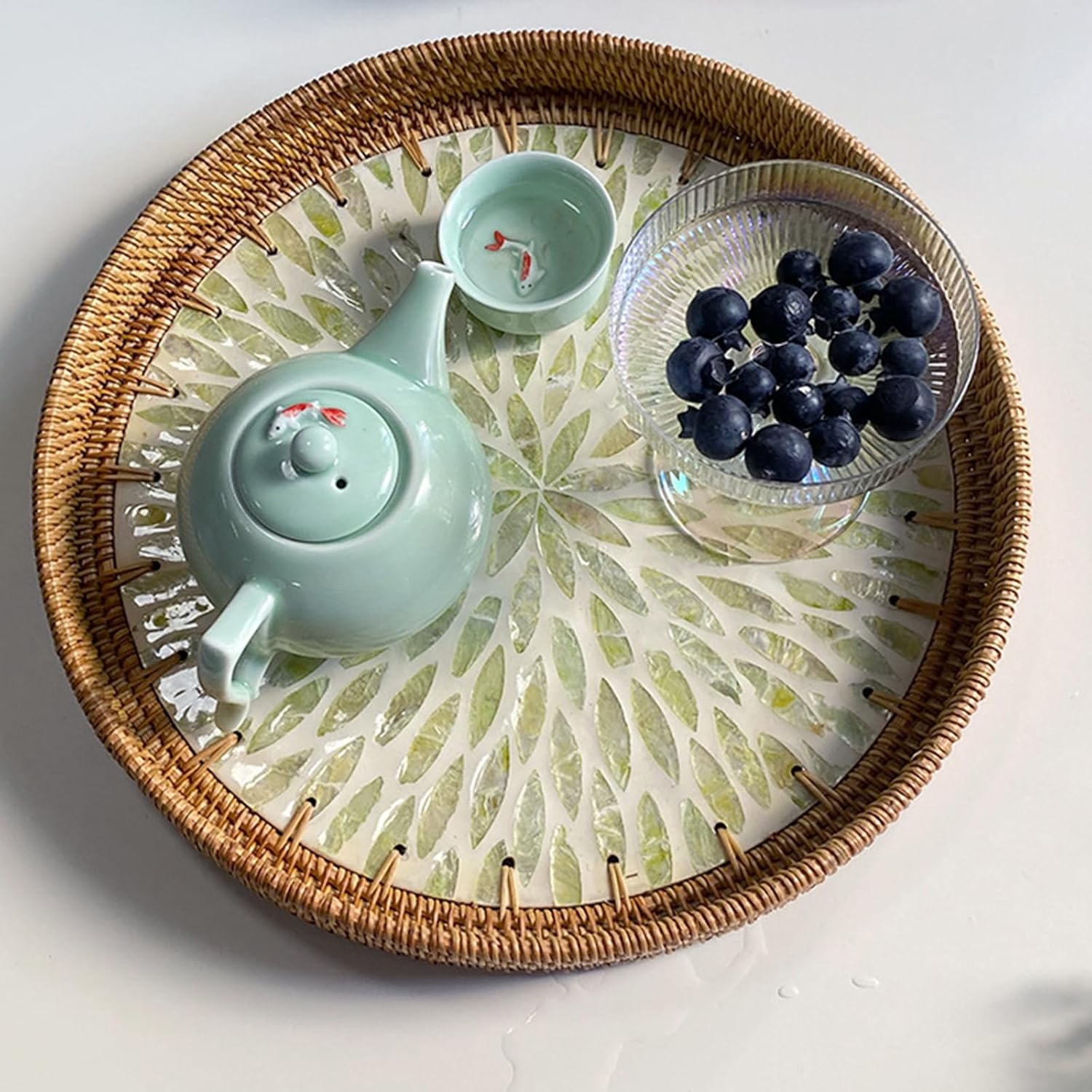 Round Rattan Tray with Mother of Pearl Inlay, Decorative Rattan Serving Tray for Home Boho Decor, Coffee Table, Bread, Food, Tea Ottoman Trays, Fruit Wicker Basket,100% Natural Materials Green- 12" - Image 9
