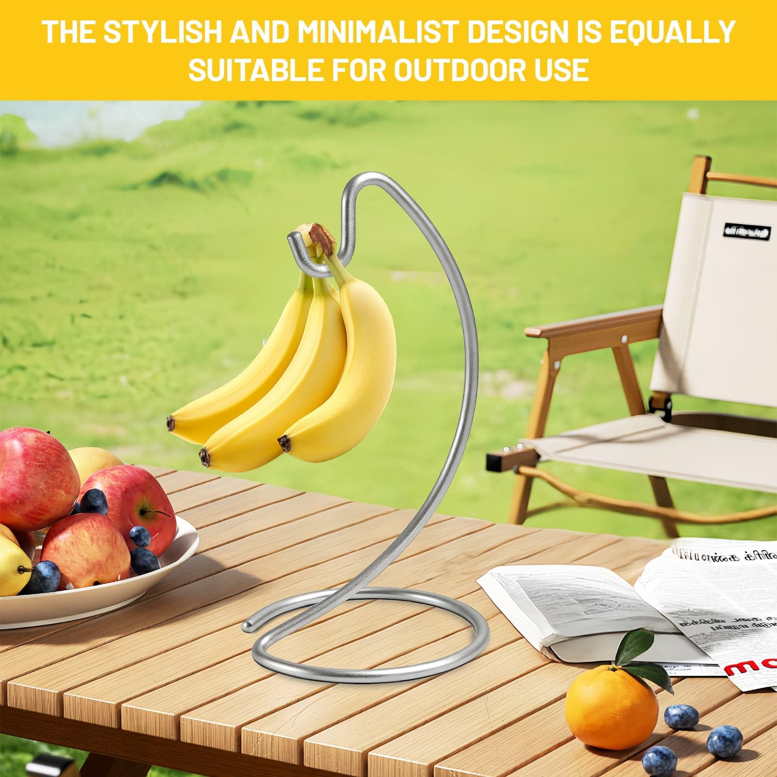 DYUEE Bananenhalter-Ständer – moderner Bananenaufhänger, Metall-Bananenaufhänger, Baumständer, Haken für Küche, Arbeitsplatte, um Bananen frisch zu halten, für 6,8 kg (Silber)