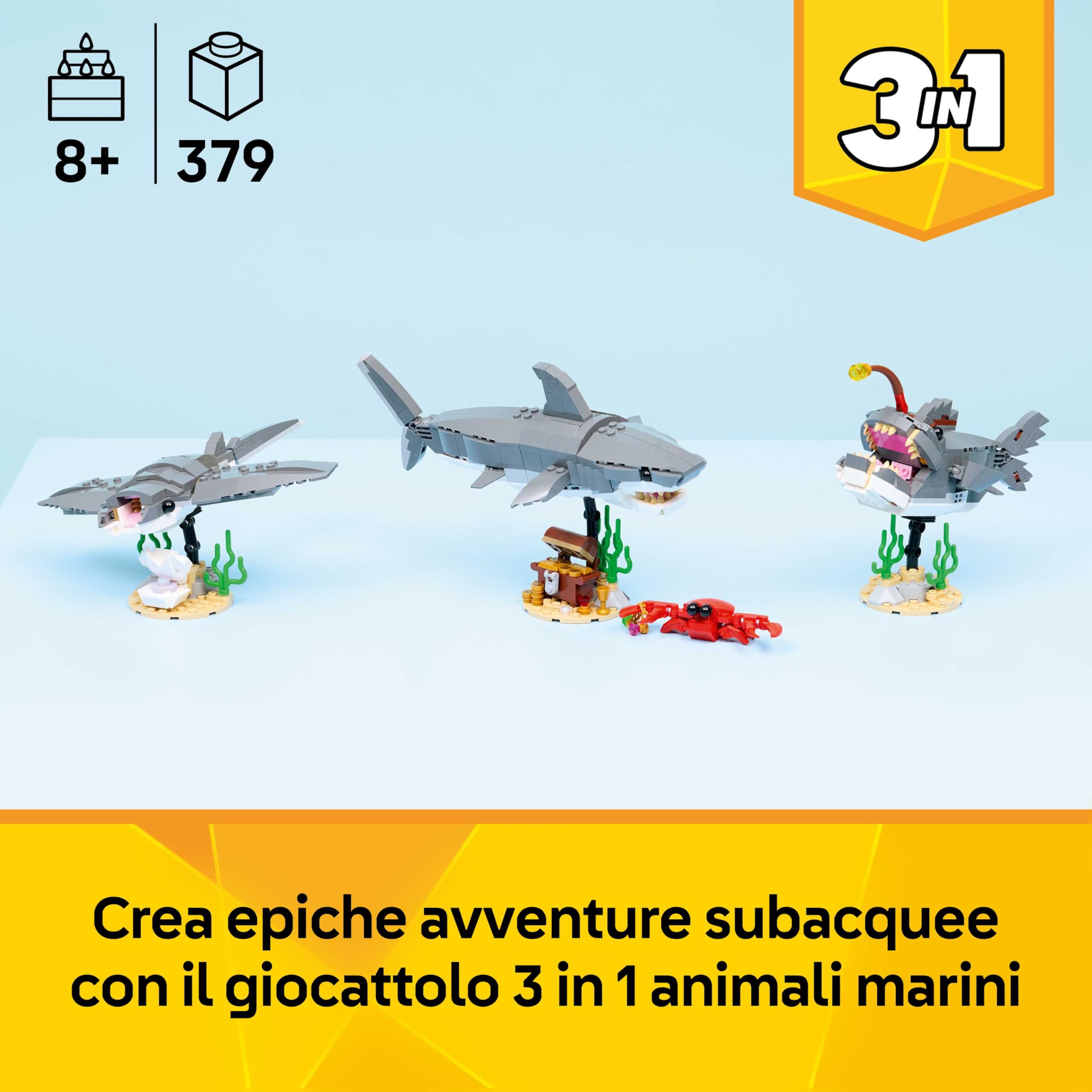 LEGO Creator 3 in 1 Squalo con Scrigno del Tesoro Giocattolo - Animale Marino Trasformabile in Rana Pescatrice o Manta - Decorazione Camera da Letto - Regalo per Bambini e Bambine da 8 Anni - 31381