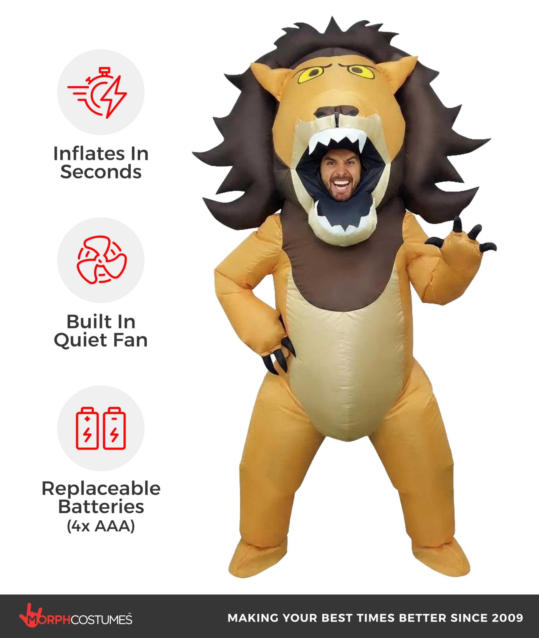 Morph Aufblasbares Löwenkostüm für Erwachsene, Ganzkörperkostüm, Perfekt für Halloween und Karneval, Einheitsgröße