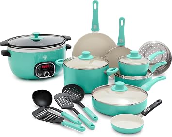 GreenLife Soft Grip 16 Piece Healthy Ceramic Nonstick Cookware Set Pots and Pans Set, 6-Quart Slow Cooker, PFAS & PFOA-Free, Dishwasher Safe, Oven Safe, Versatile Kitchen Essentials, Turquoise