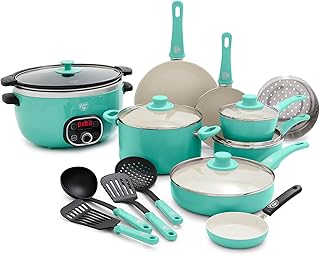 Soft Grip 16 Piece Healthy Ceramic Nonstick Cookware Set Pots and Pans Set, 6-Quart Slow Cooker, PFAS & PFOA-Free, Dishwasher Safe, Oven Safe, Versatile Kitchen Essentials, Turquoise