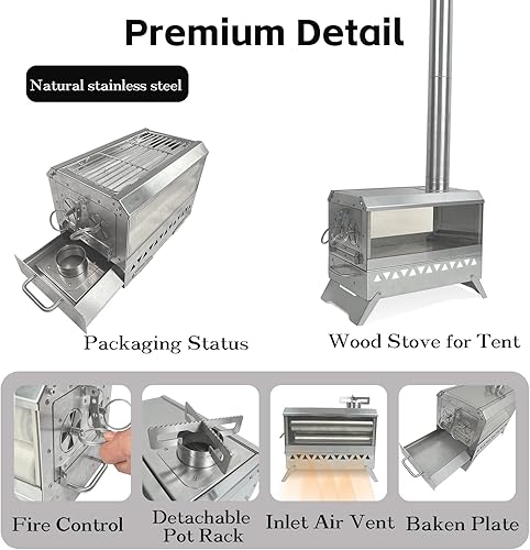 Miniatura 2 de Estufa de leña portátil de acero inoxidable para acampar, pequeña estufa de tienda caliente con tubos de chimenea para exteriores, interiores,