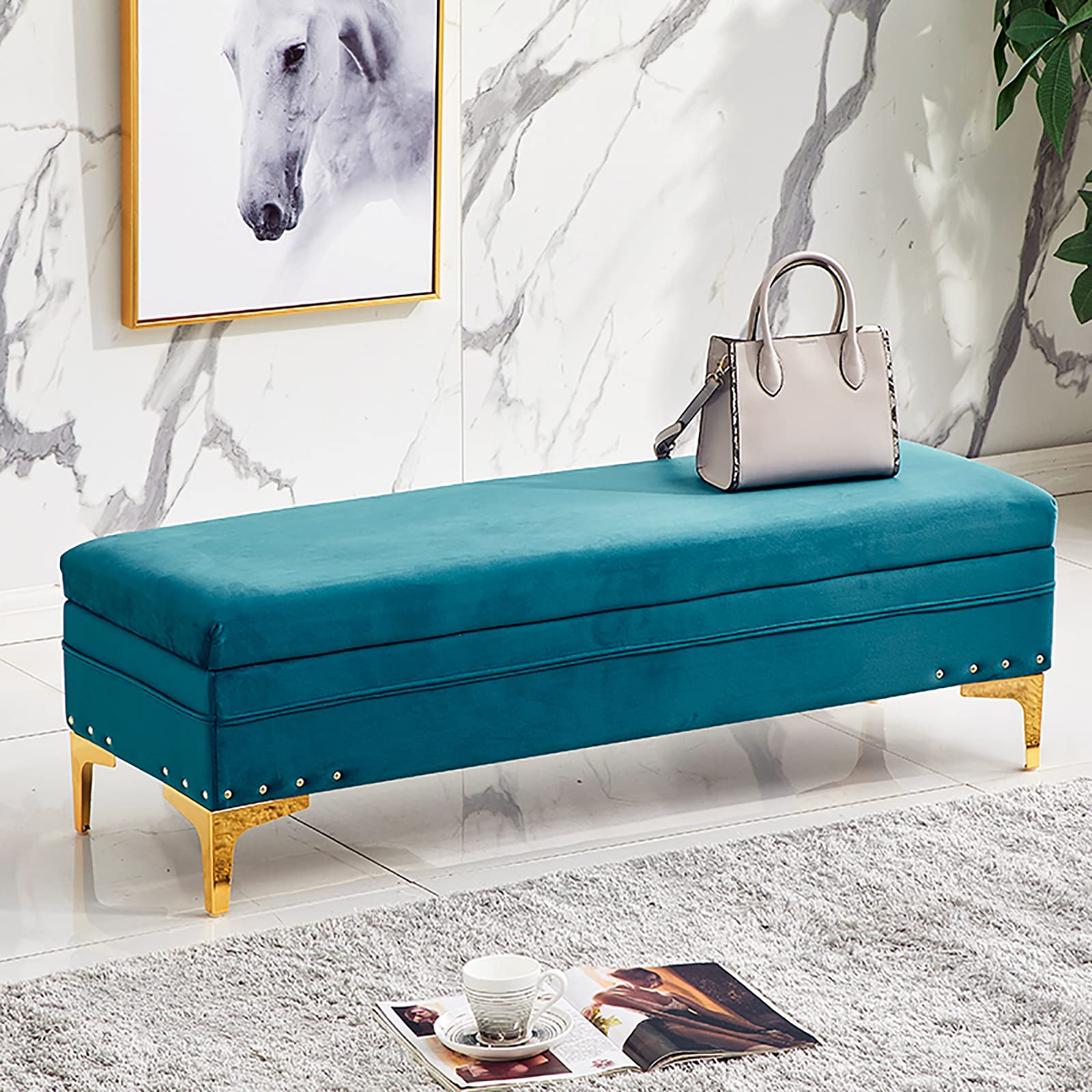 SXZenSpace Luxurious Storage Ottoman Bench,Velvet Upholstered Footrest End Of Bed Bench With Storage,Modern Living Room Entryway Shoe Changing Stool-Blue 100x40x40cm(39x16x16inch)