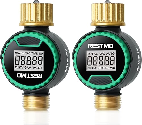 RESTMO Medidor de flujo de agua con panel de control giratorio de 360, entrada y salida de latón, medición de consumo de galónlitro y caudal para