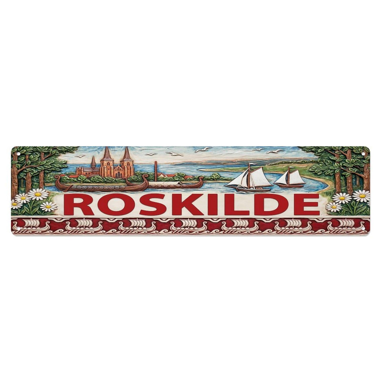 Cwbufd Vintage Style Vintage Roskilde Denmark Flag Pattern Vintage Metal Tin Sign Plaque Wall Decor For Cafe, Club Bar, Office, Garden Metal Poster 4X16inch