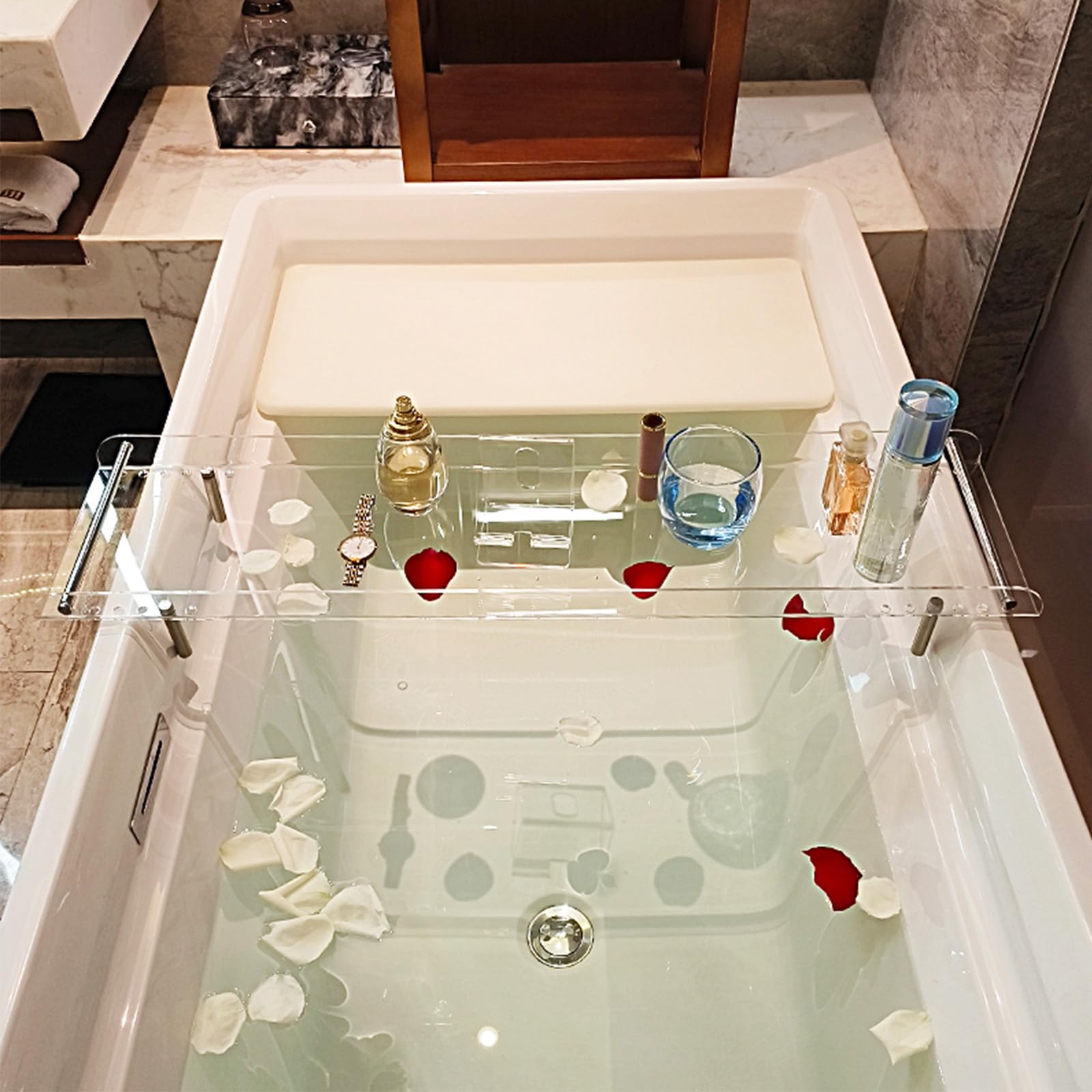 Badewannentabletts, verstellbares Badewannentablett aus Acryl, Badewannenablage, Badewannenablage, Ablage für die Badewanne, Badezimmer-Organizer, transparente Parfümablage, Arbeitsplatte, t