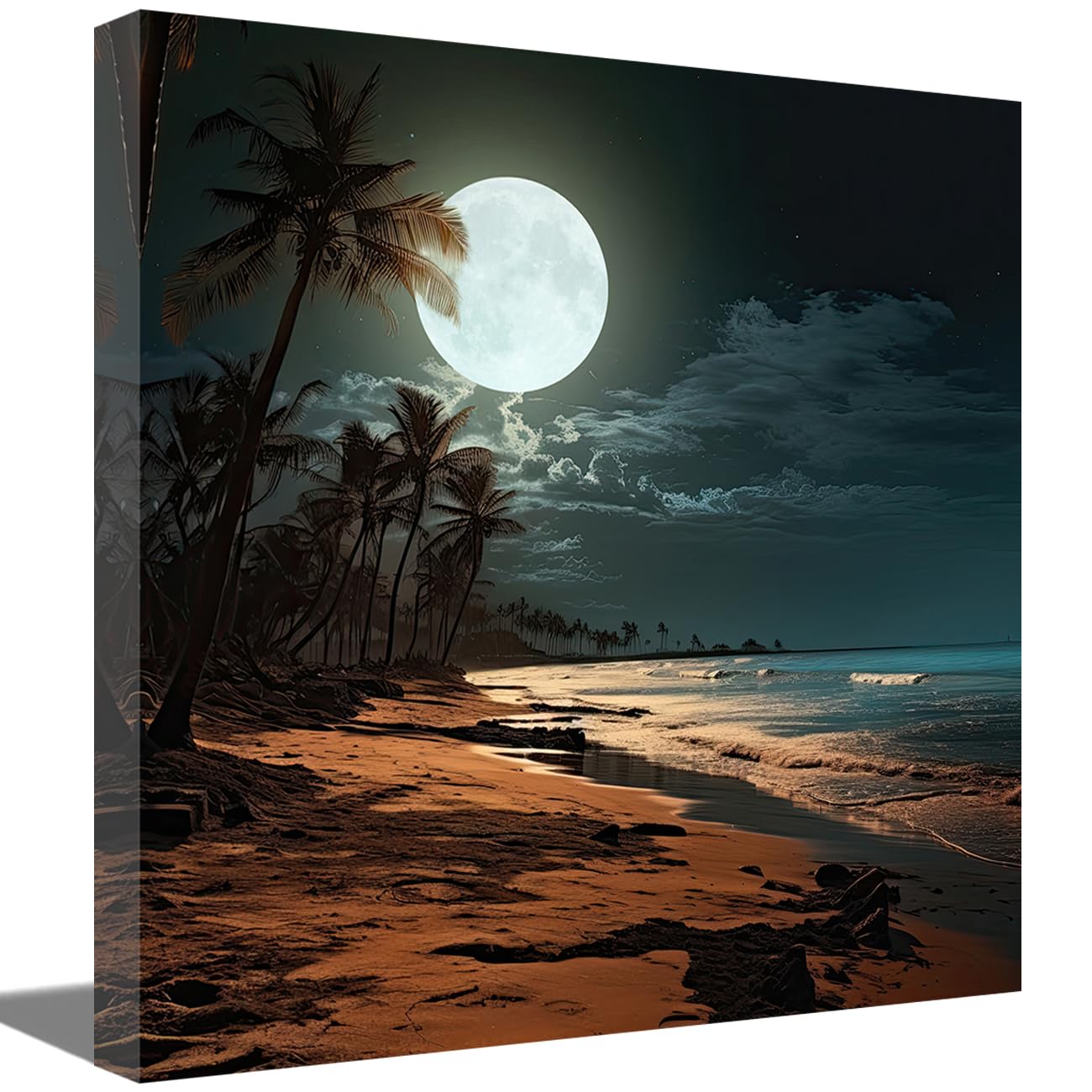 LMYSXAOZ Moon Canvas Wall Art Large Full Palm Tree Night Pictures Prints Tropical Beach Scenery Home Bedroom Bathroom Decor (Moon-C,20.00" x 20.00")
