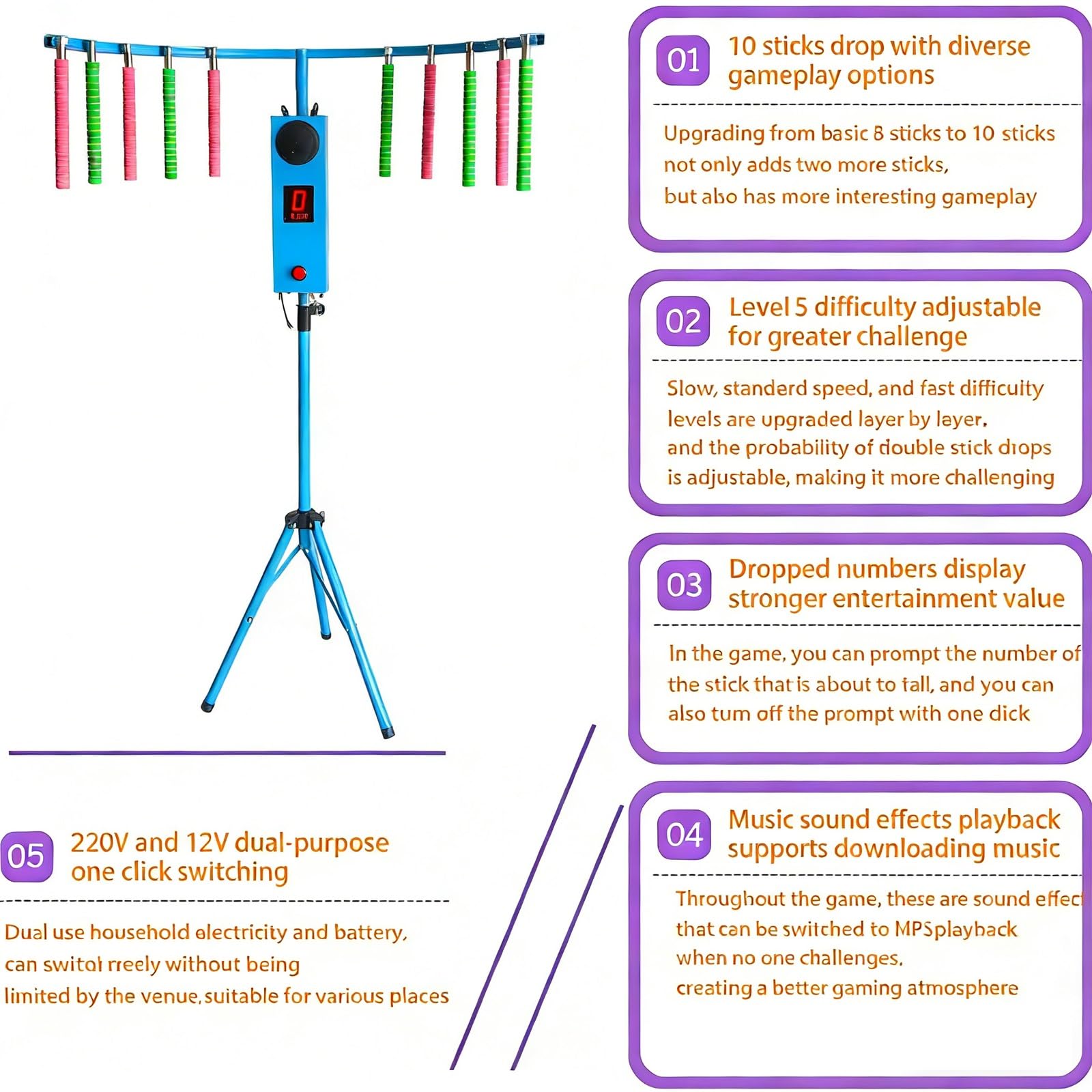 Máquina de juego de palos de atrapar, juego de entrenamiento de reflejos con 5 modos de velocidad ajustables, desafío de coordinación ojo-mano para fiestas, divertida actividad de juego de palo caído