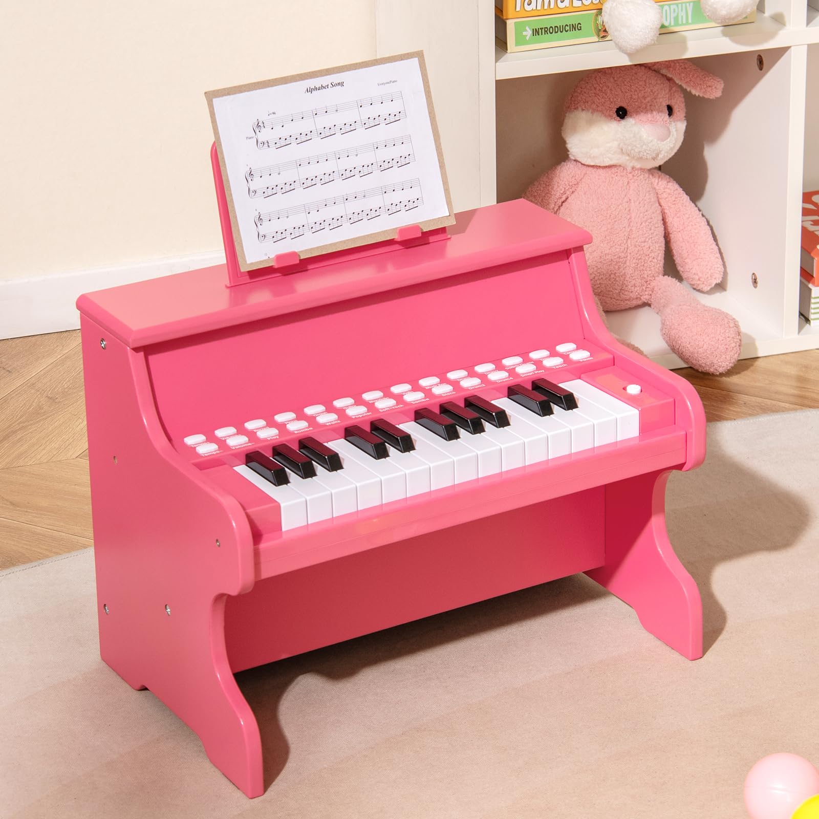 COSTWAY Piano Infantil de 25 Teclas, Organo Electronico Niños, Juguete Piano de Madera con Velocidad y Volumen Ajustables, Modo de Enseñanza, Atril, Instrumento Musical Infantil 3+ Años (Rosa)
