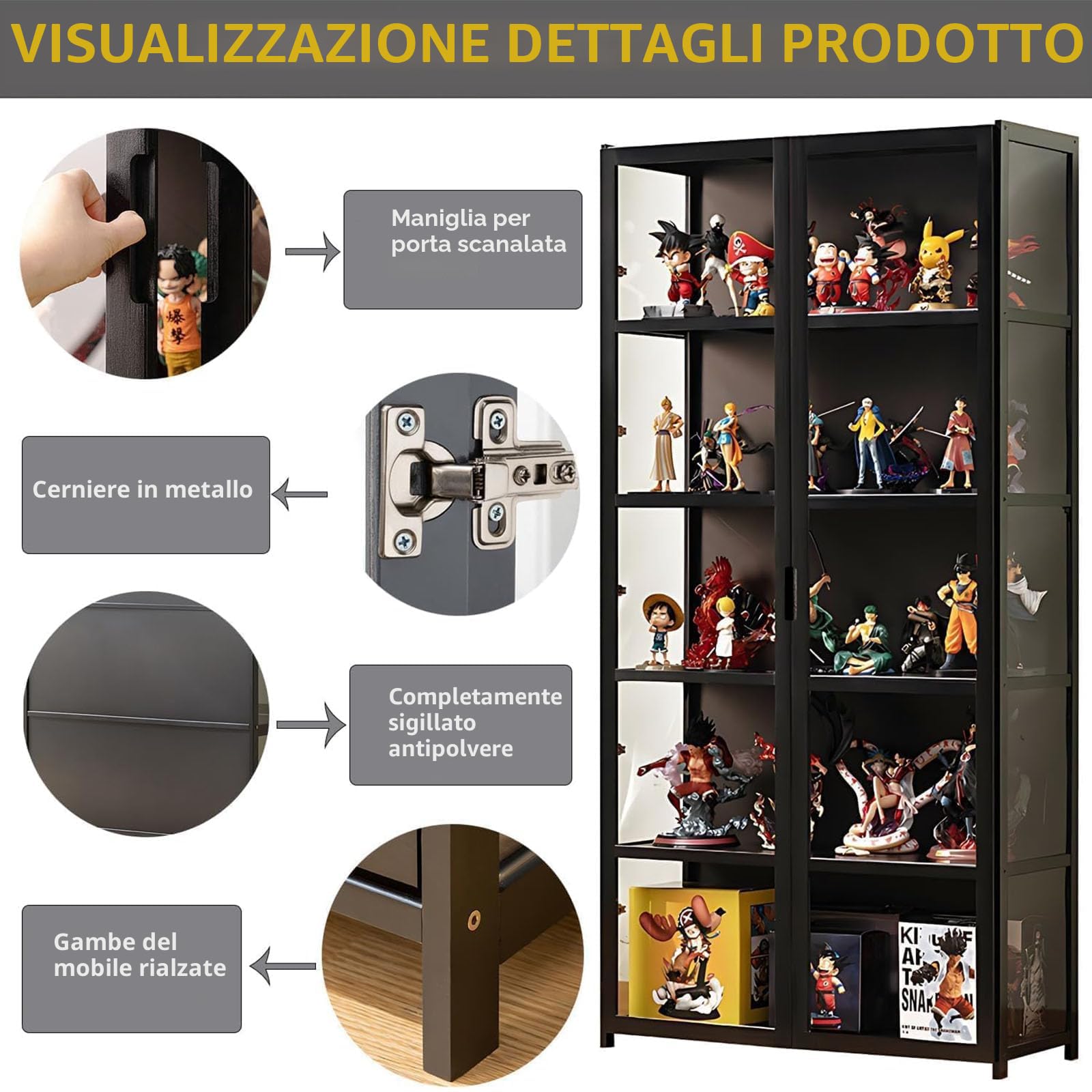 Vetrina anta vetro acrilico, vetrina 5 ripiani, organizer giocattoli collezione, libreria camera da letto, angolo lettura, bambini, bambù (porta a foglio nero)